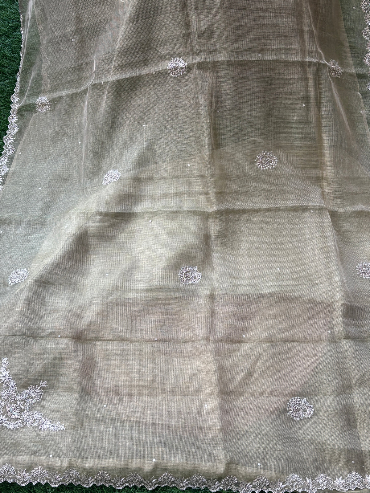 Pure Tissue Kota Silk Saree in Pista Green with Zardozi Work &