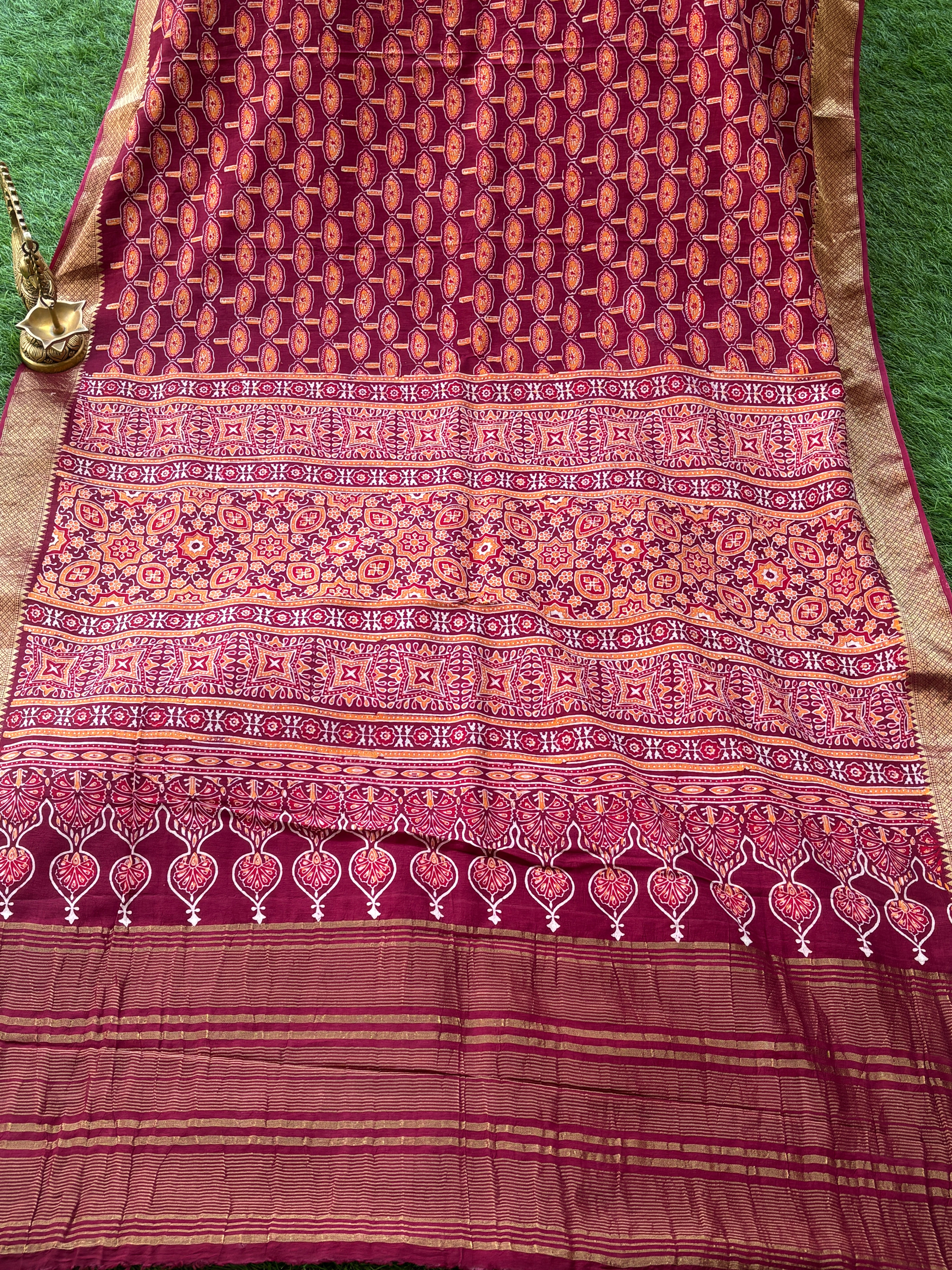 Maroon Ajrak Handblock Printed Cotton Saree with Zari Border | Chandrika Lifestyles