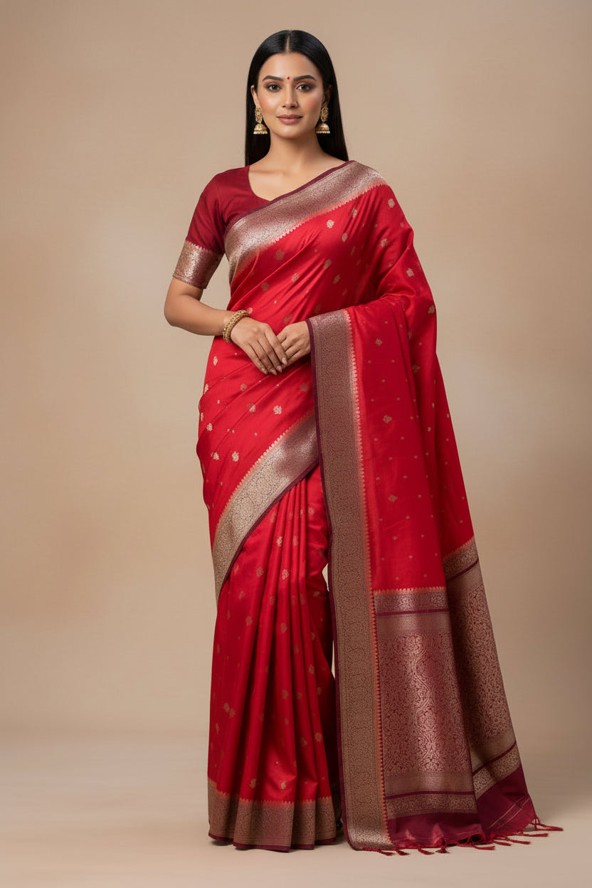 Model wearing red and wine Banarasi silk saree styled for bridal wedding ceremony