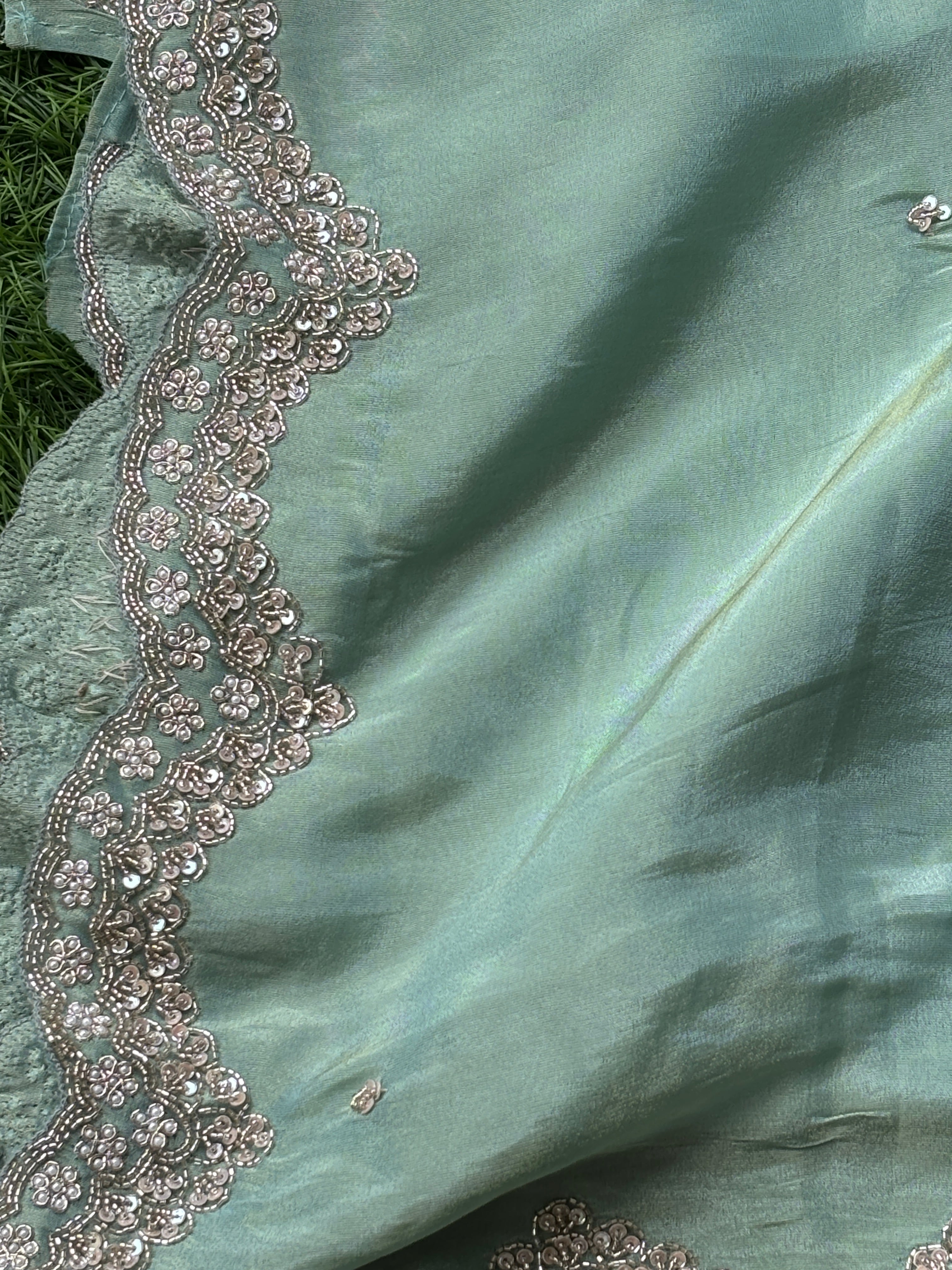 Luxury Mint Pure Tissue Crepe Silk Saree with Zardozi Buttas & Designer Scallop Border