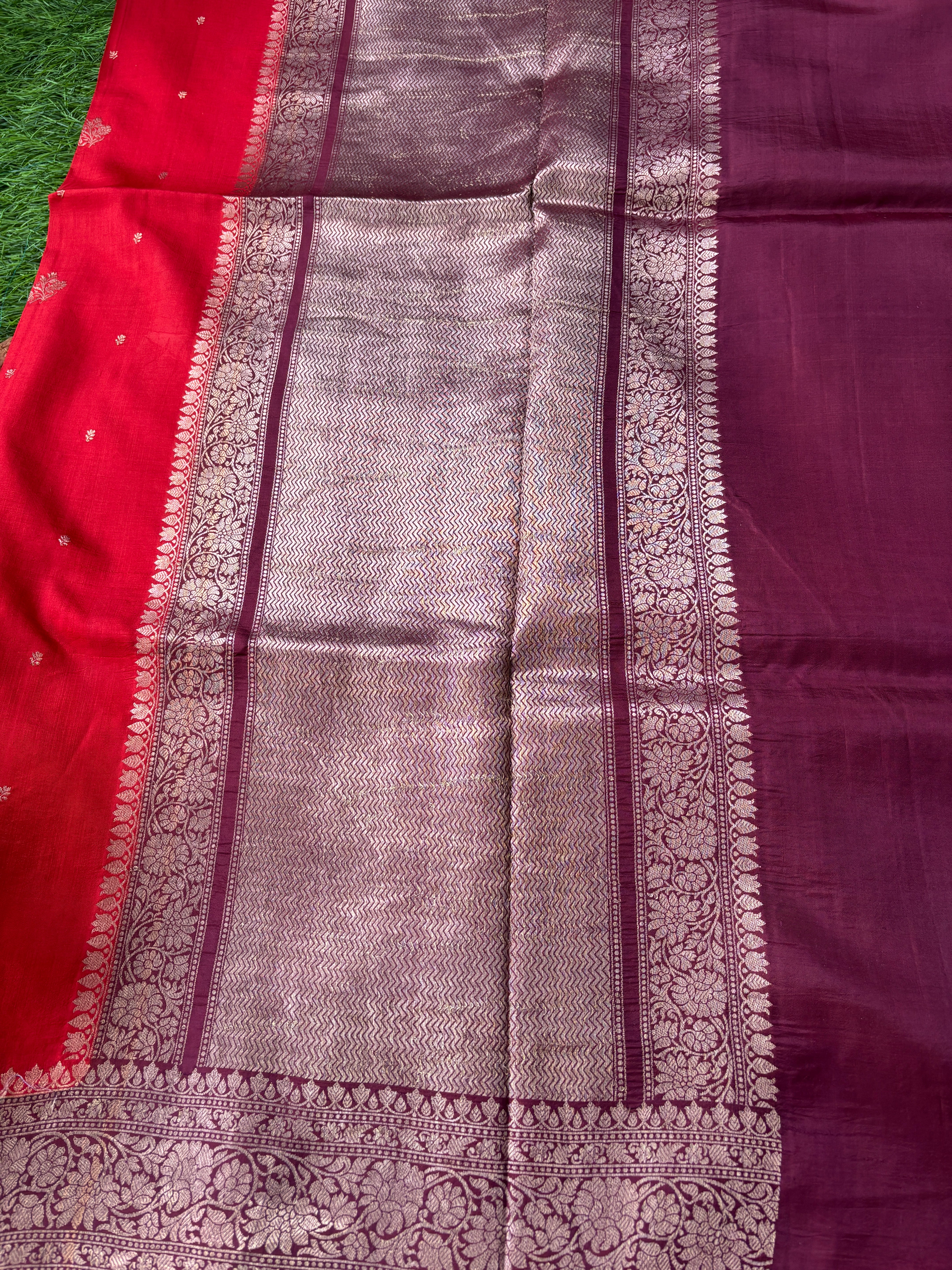 Deep wine Banarasi pallu with rich gold zari woven detailing