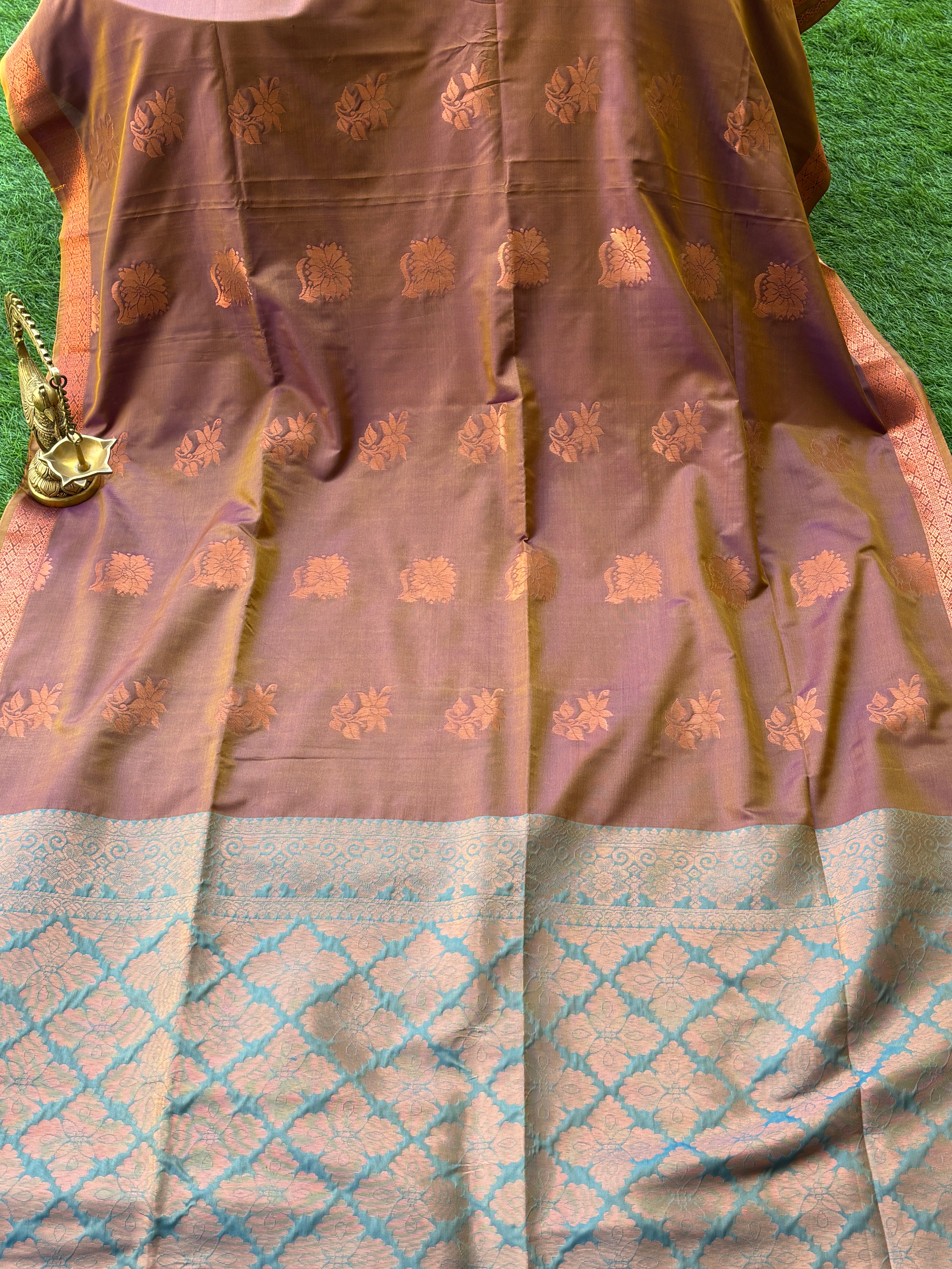 Brown Two-Tone Art Silk Kanjipuram Saree with Allover Woven Buttas | Chandrika Lifestyles