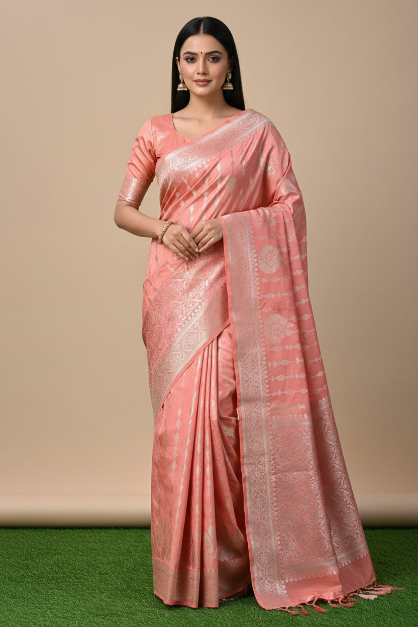 Peach Zari Woven Pure Katan Silk Banarasi Saree | Chandrika Lifestyles
