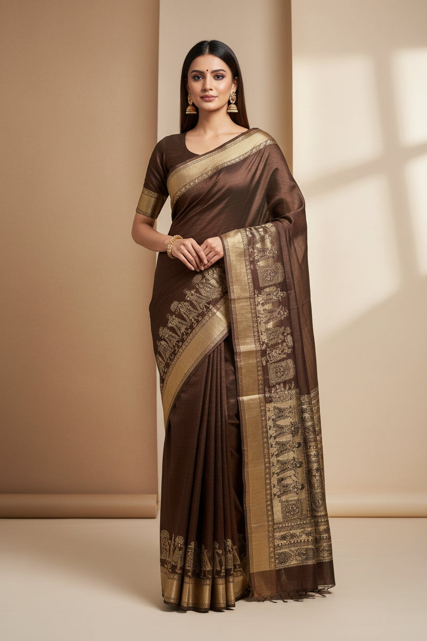 Model wearing Pure Desi Tussar Silk Dark Coffee Brown Saree with Zari Border and Madhubani Print Pallu