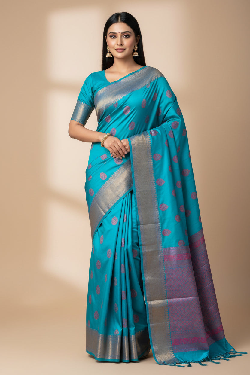Blue Semi Silk Handwoven Kanjeevaram Saree