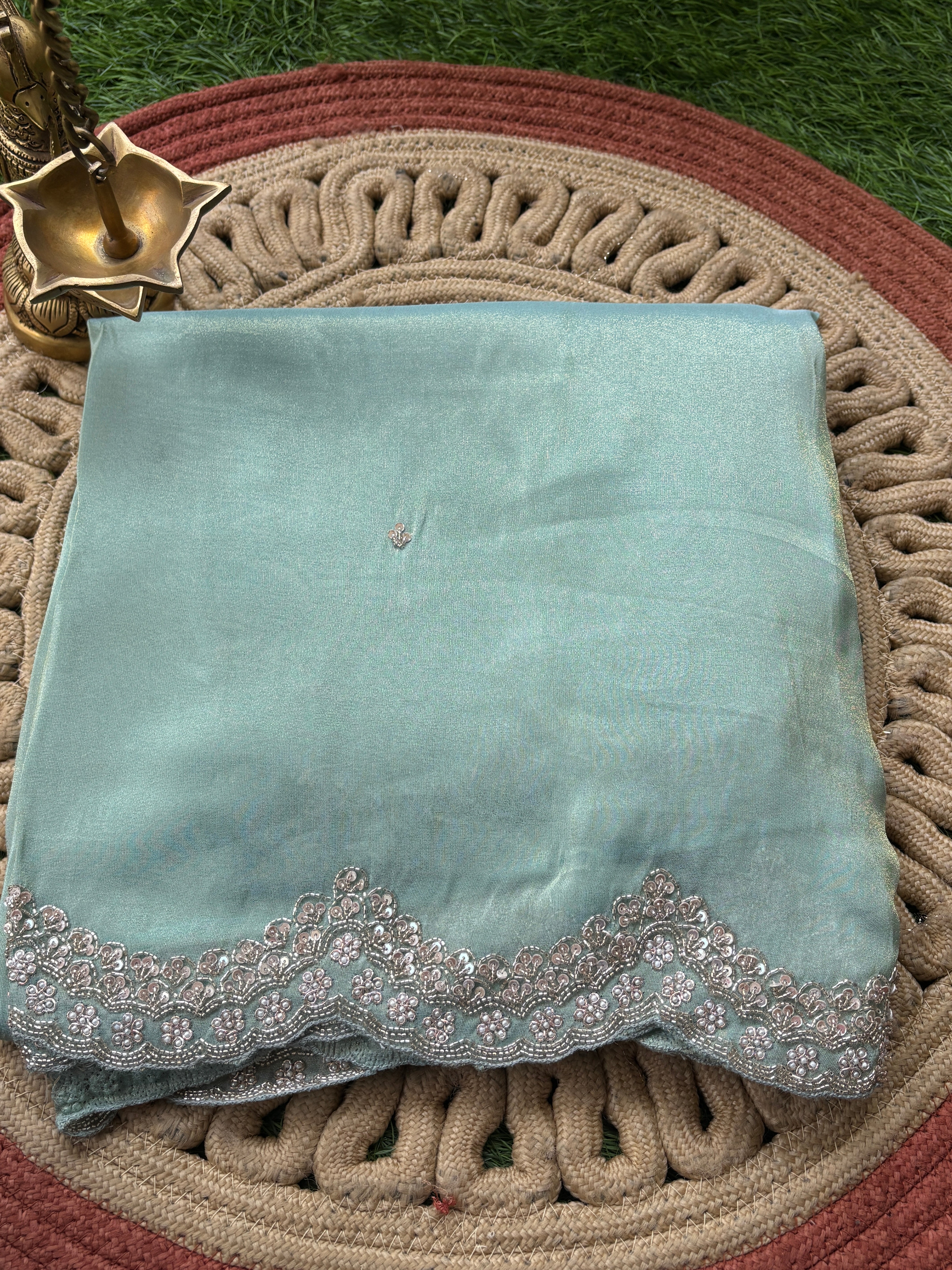 Luxury Mint Pure Tissue Crepe Silk Saree with Zardozi Buttas & Designer Scallop Border