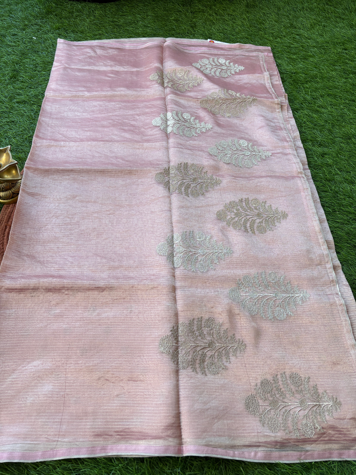 Baby Pink Pure Tissue Kora Saree with Allover Silver Zari Embroidery & Zari Pallu | Chandrika Lifestyles