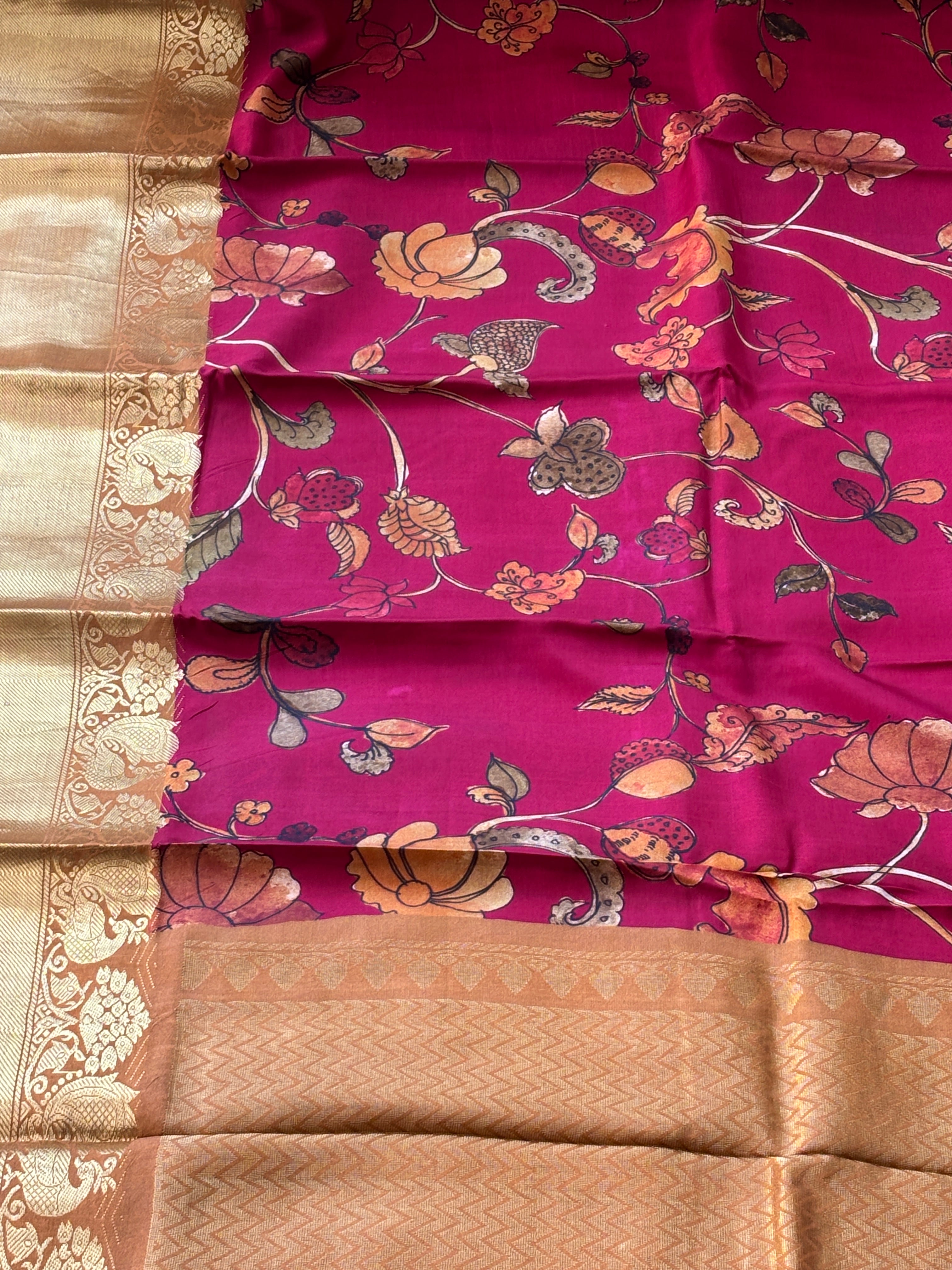 Dark Rani Pink Pure Silk Saree with Broad Dharmavaram Border and Zari Woven Pallu