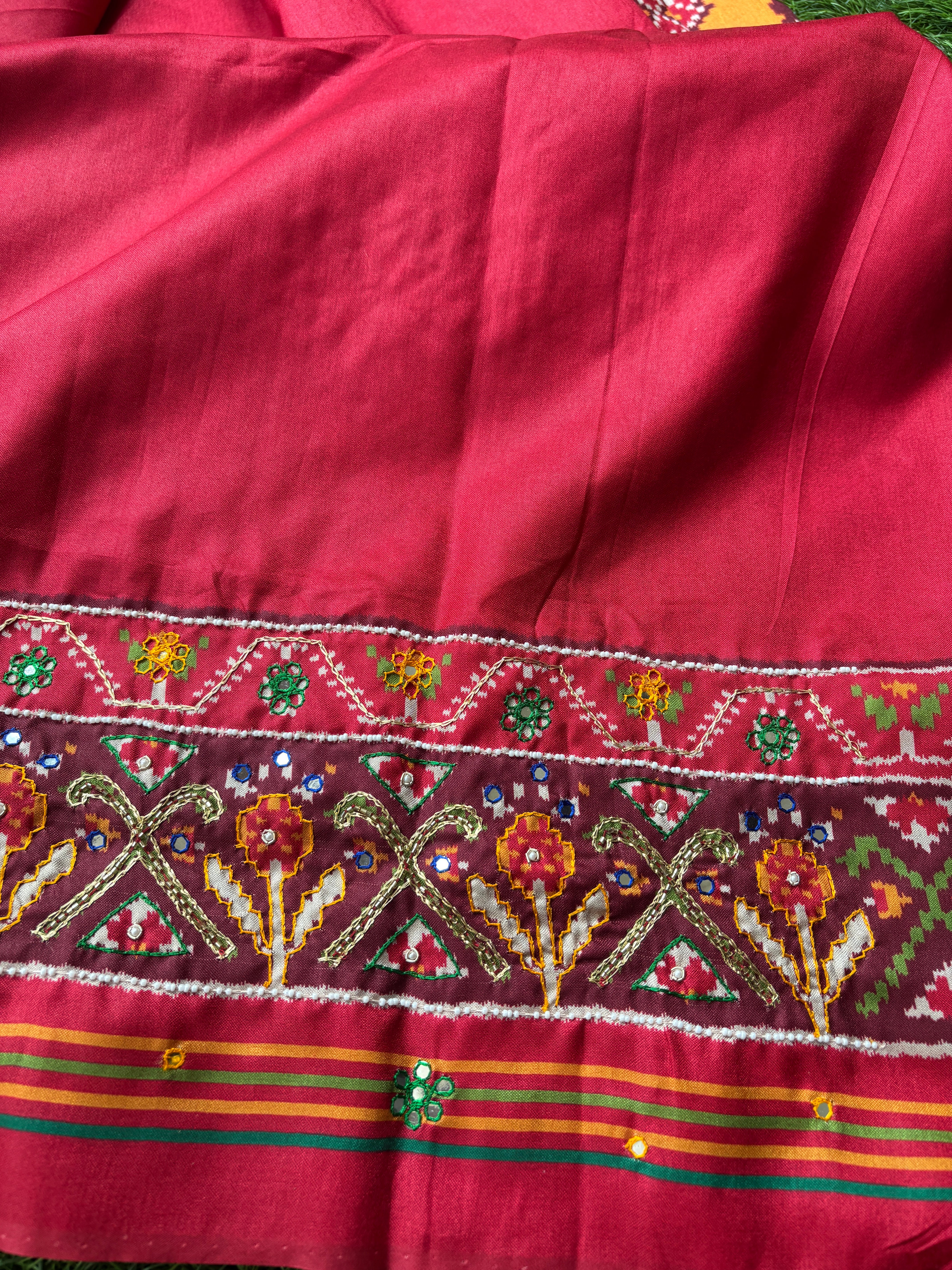 Yellow Tussar Silk Patola Saree with Aari Work & Red Border | Chandrika Lifestyles