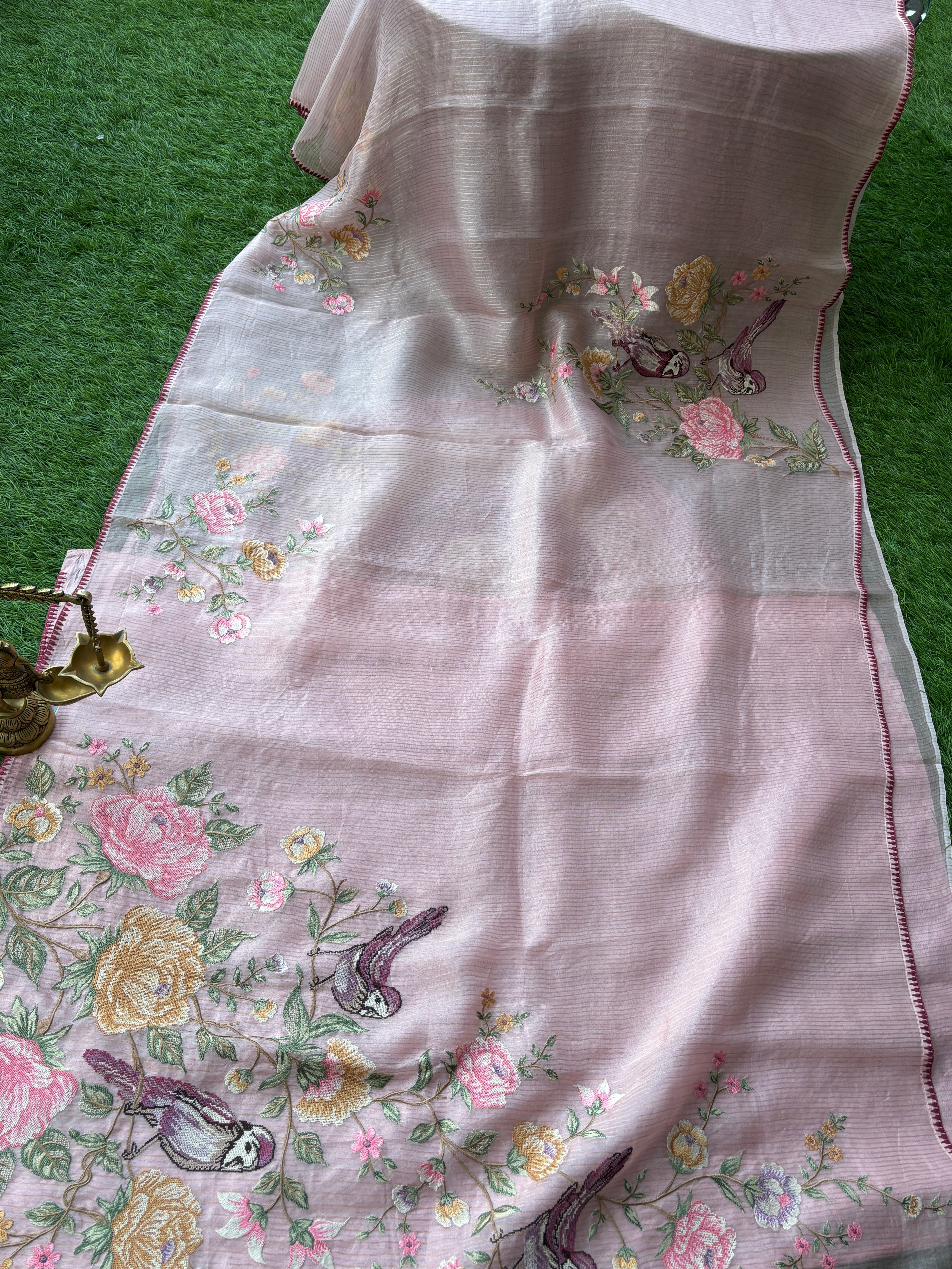Baby Pink Pure Organza Saree with Floral & Bird Embroidery