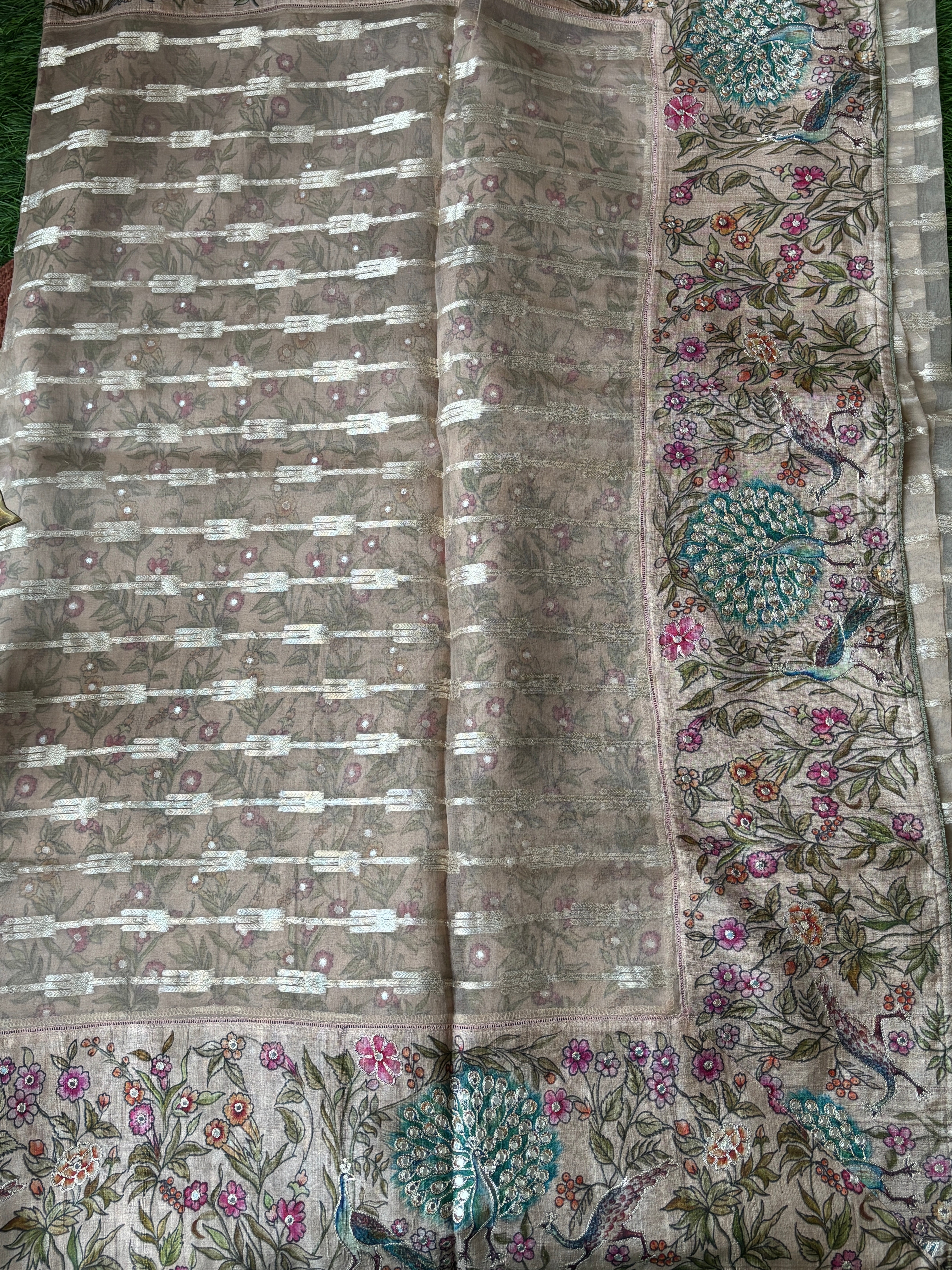 Beige Tissue Kora Saree with Figure Embroidery & Allover Zari Weaving | Chandrika Lifestyles