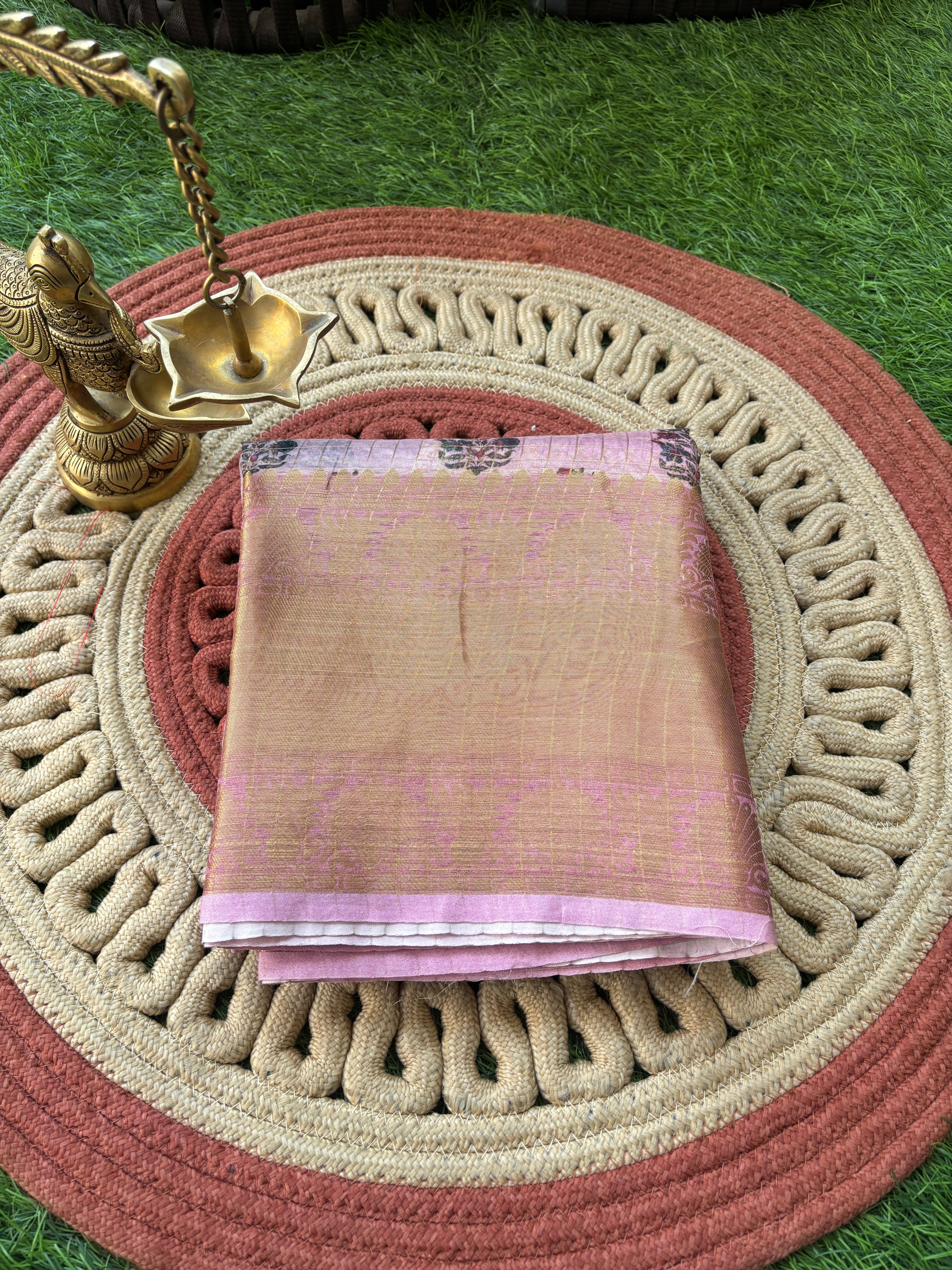 Baby Pink Pure Organza Saree with Zari Checks, Digital Print & Zari Border | Chandrika Lifestyles
