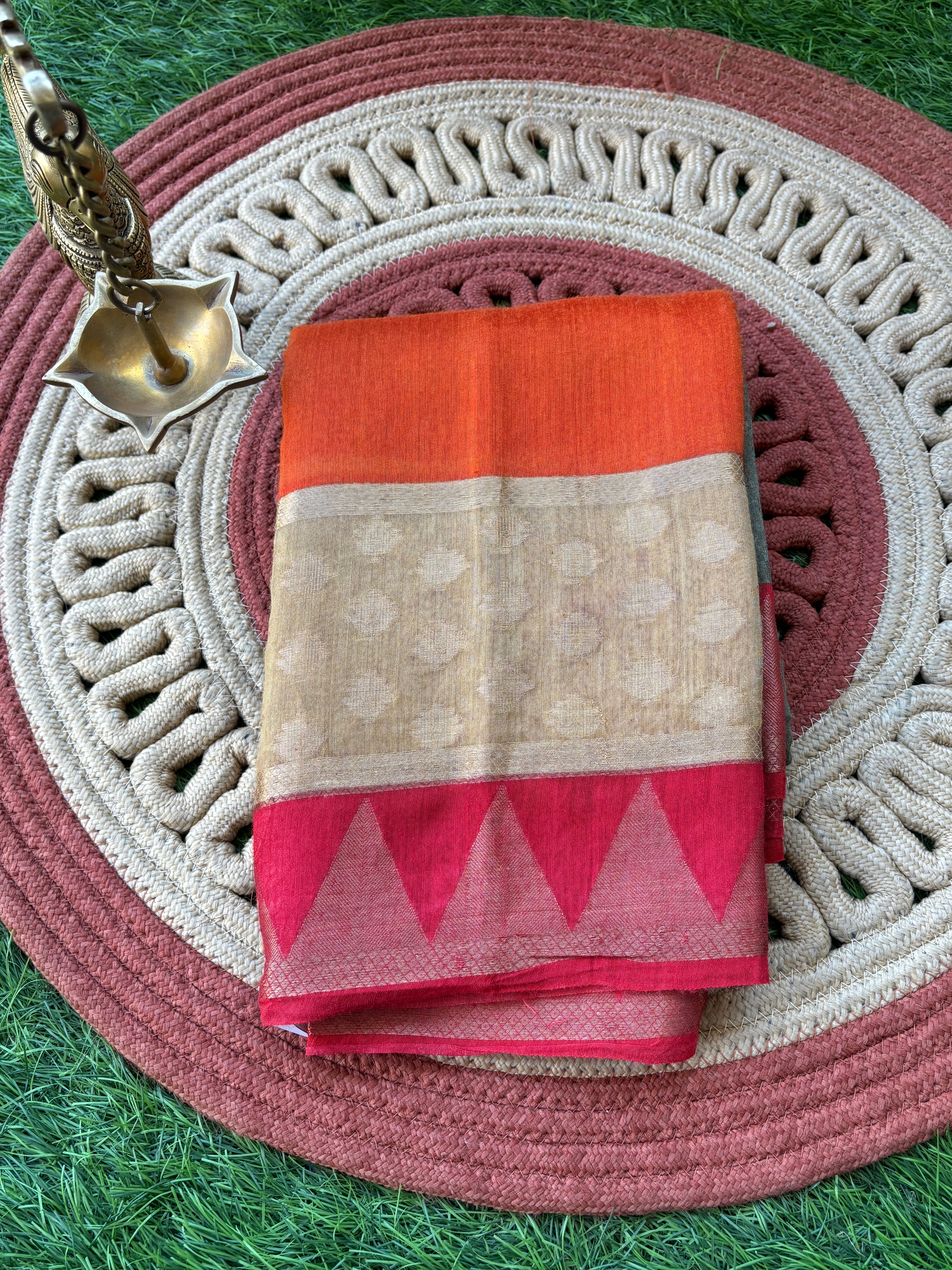 Grey Munga Silk Saree with Red Border & Multicolour Stripes | Chandrika Lifestyles