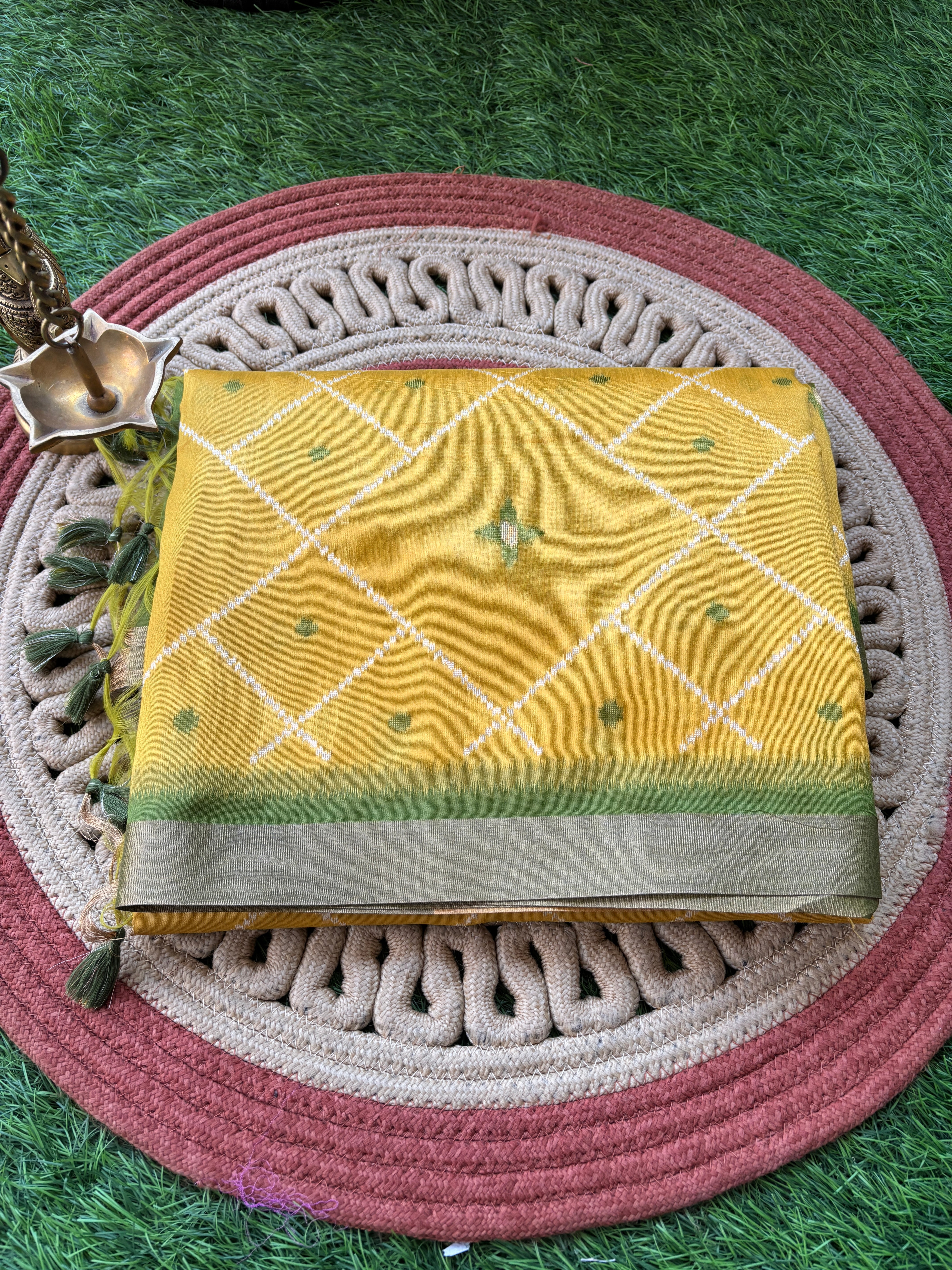 Yellow Mercerized Cotton Saree with Allover Ikat Print | Chandrika Lifestyles