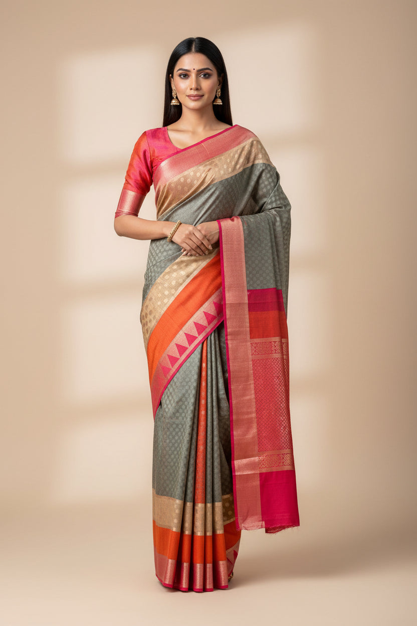Grey Munga Silk Saree with Red Border & Multicolour Stripes | Chandrika Lifestyles