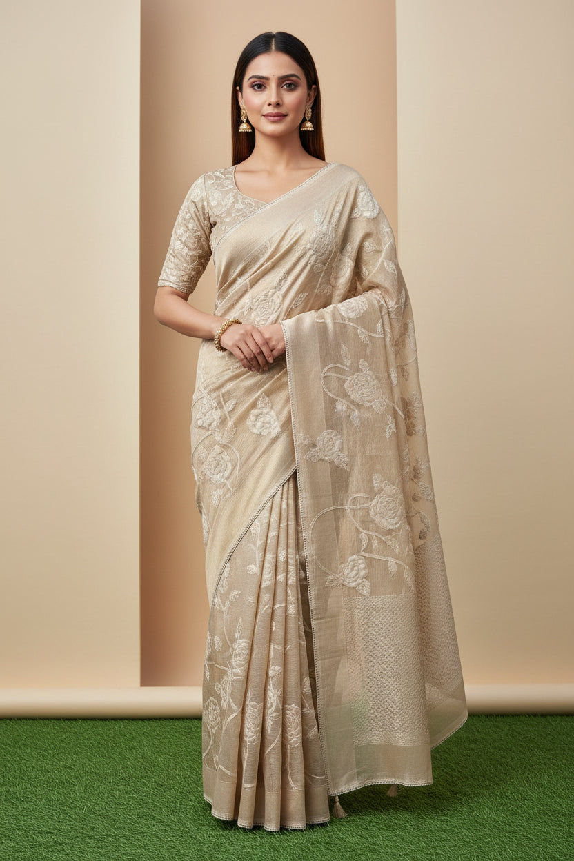 Beige Tissue Saree with Allover Applique Work | Chandrika Lifestyles