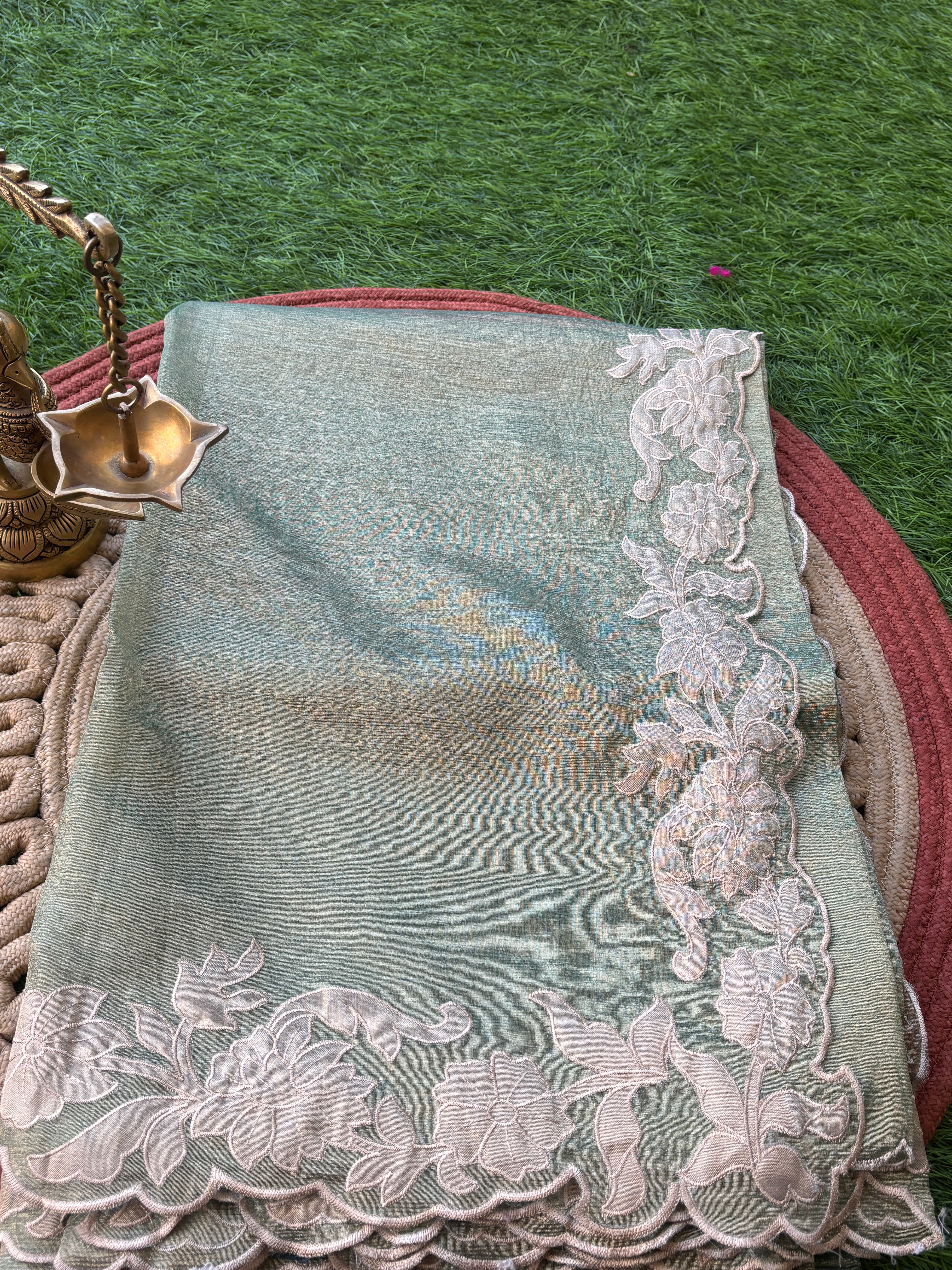 Pista Green Pure Tissue Organza Saree with Applique Border & Cutwork | Chandrika Lifestyles