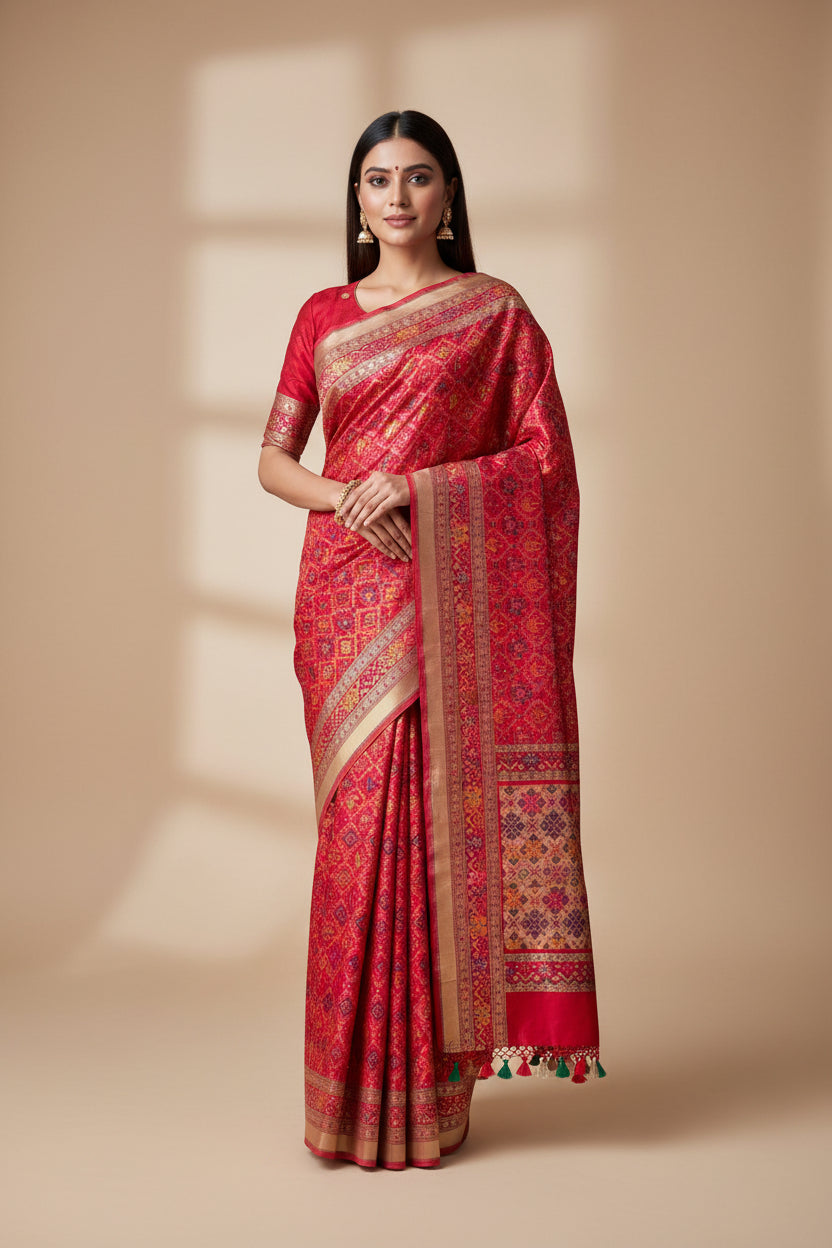 Red Banarasi Patola Silk Saree with Multicolour Weaving | Chandrika Lifestyles