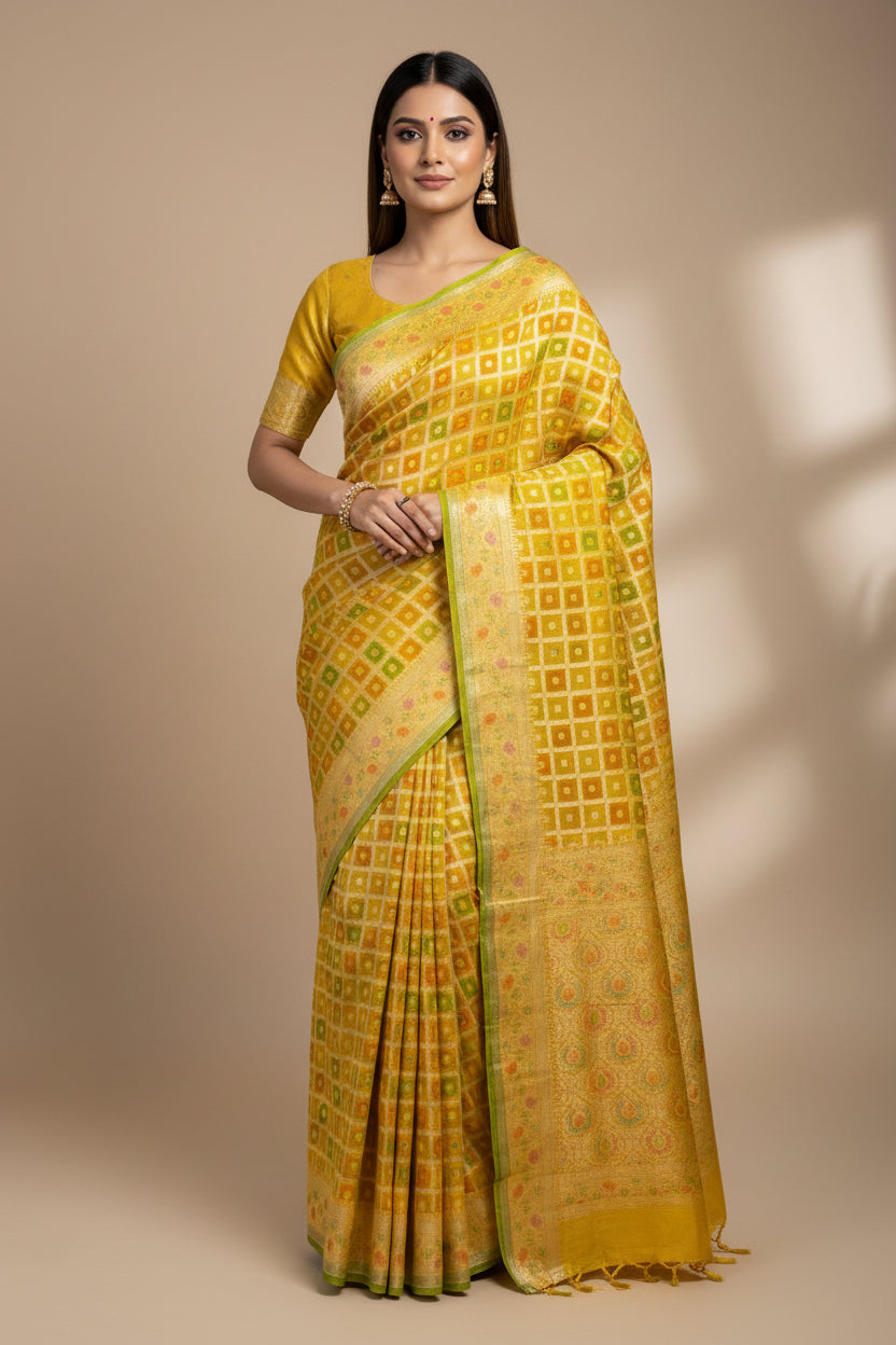 Lemon Yellow Khaddi Georgette Banarasi Saree with Allover Gharchola Design | Chandrika Lifestyles