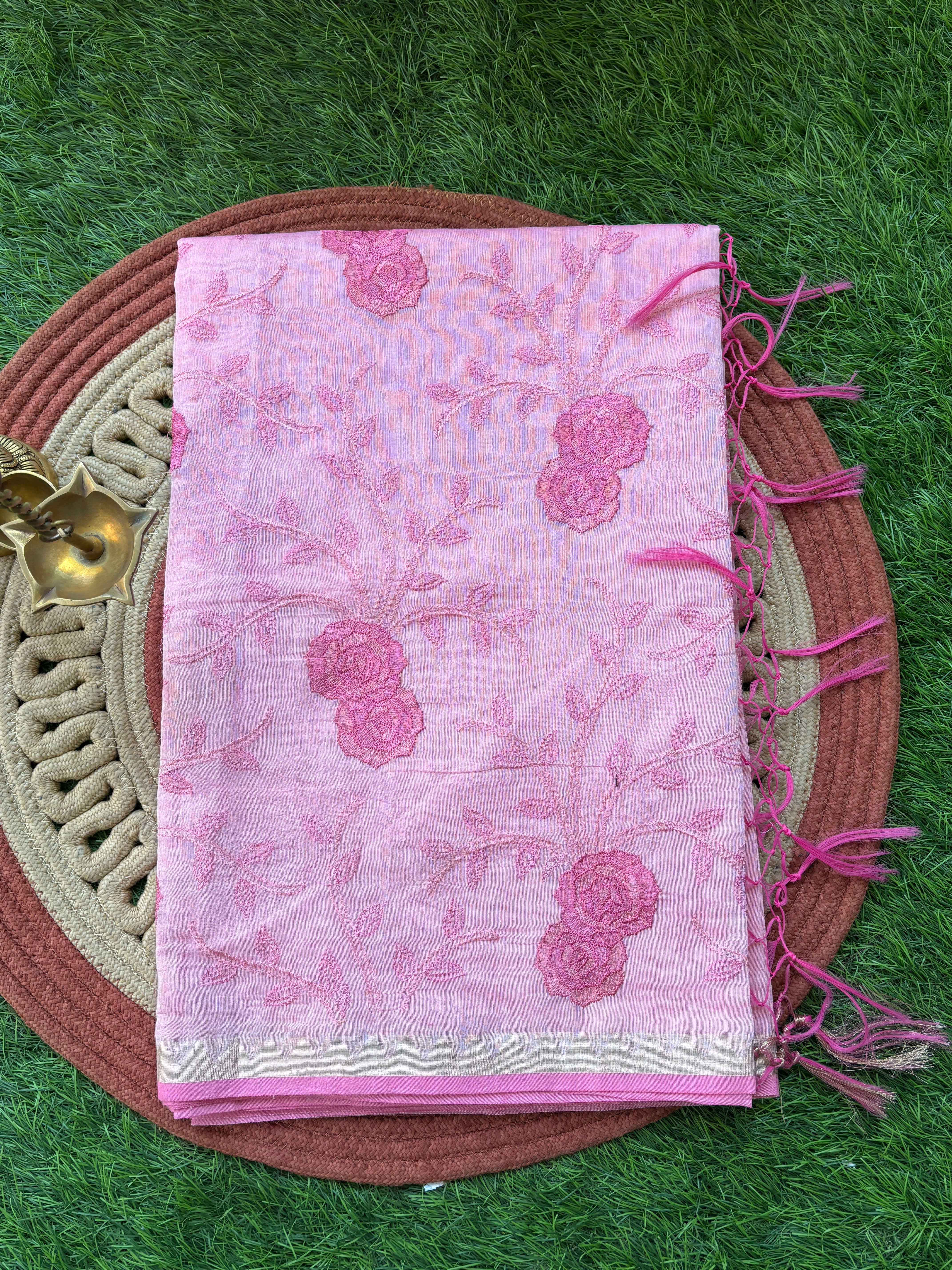 Baby Pink Banarasi Mercerized Cotton Saree with Allover Floral Embroidery | Chandrika Lifestyles