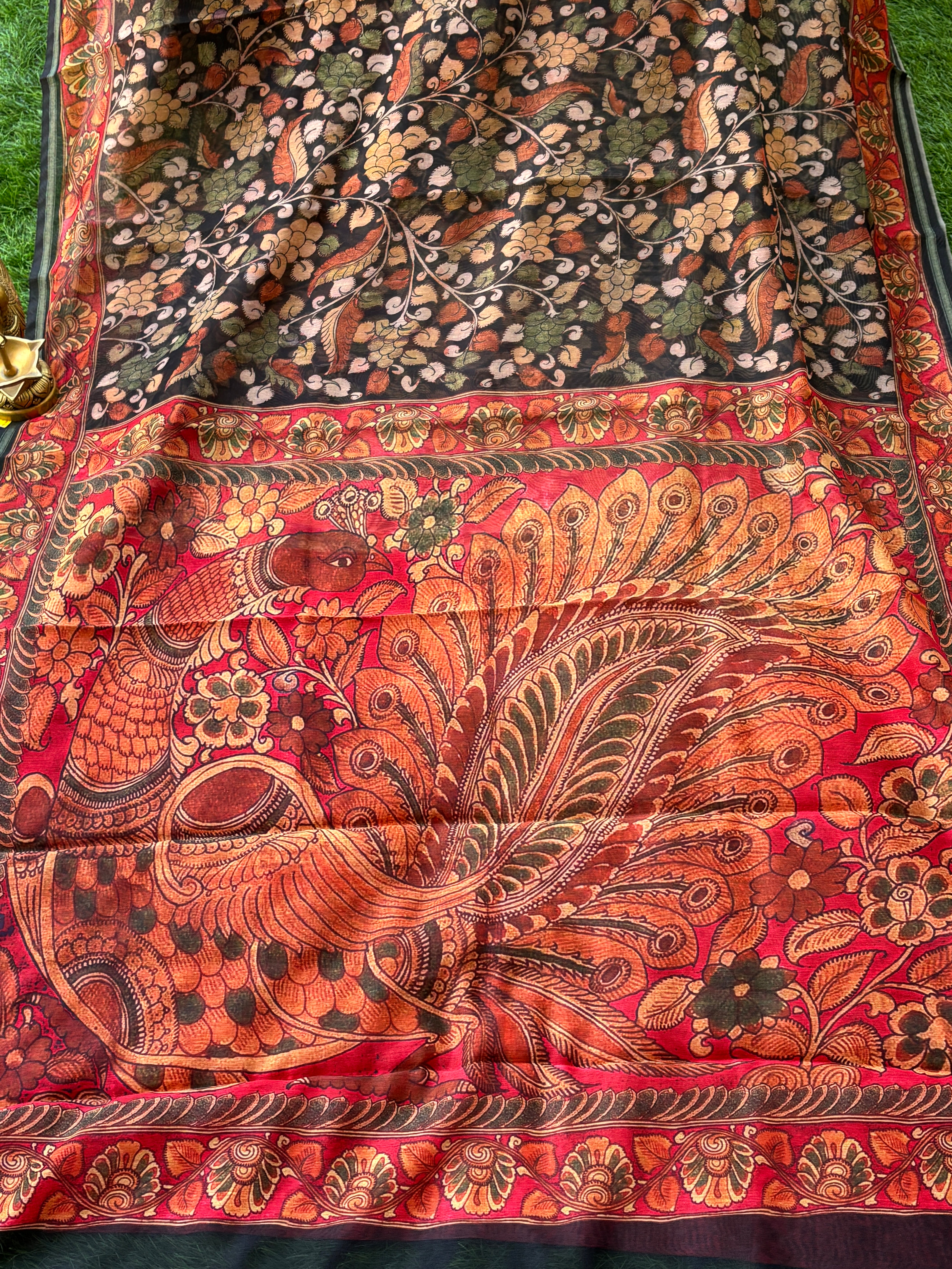 Black Mercerized Cotton Saree with Allover Digital Print | Chandrika Lifestyles