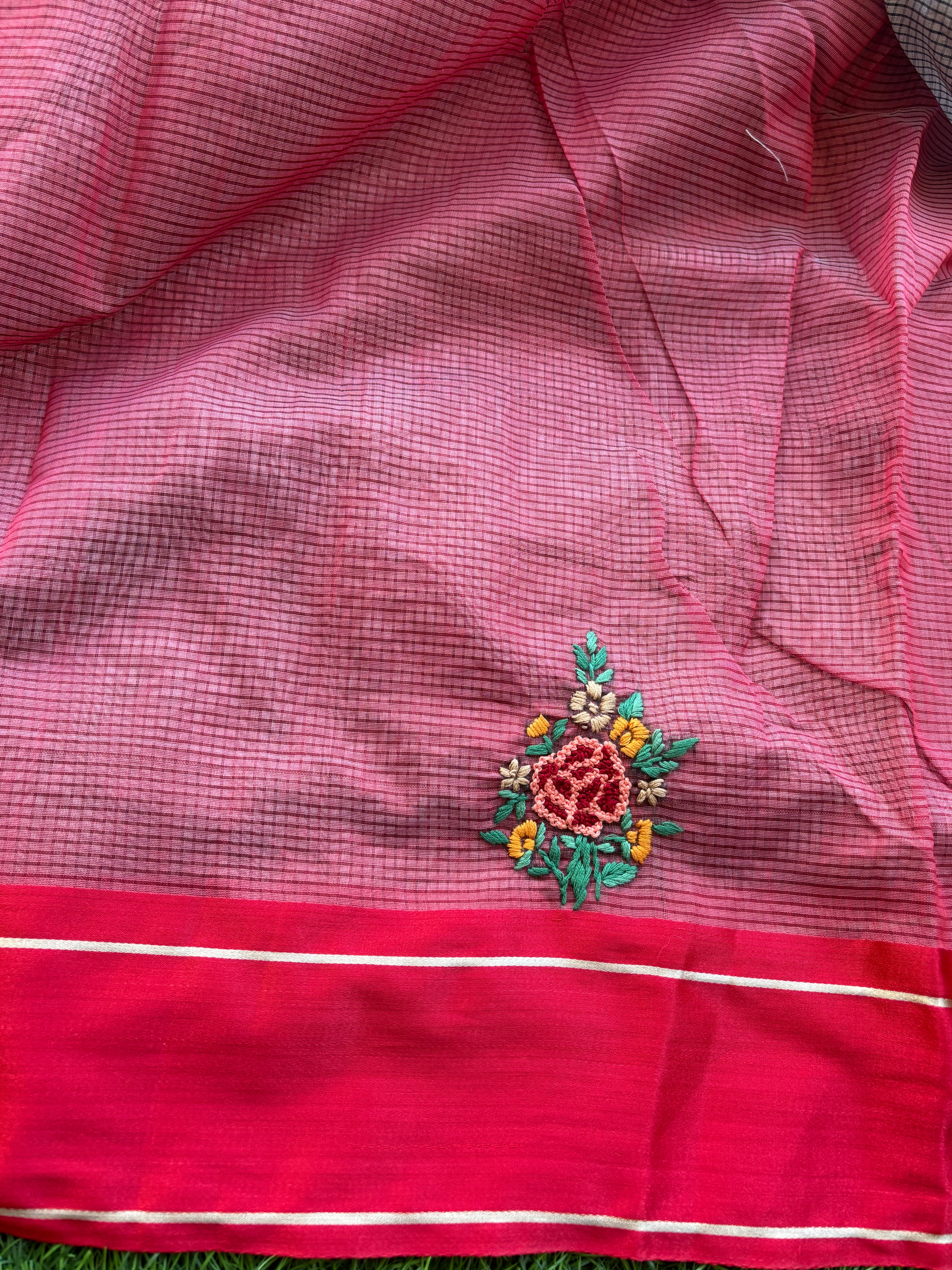 White Pure Cotton Saree with Black Checks & Hand Floral Embroidery with Red Border | Chandrika Lifestyles
