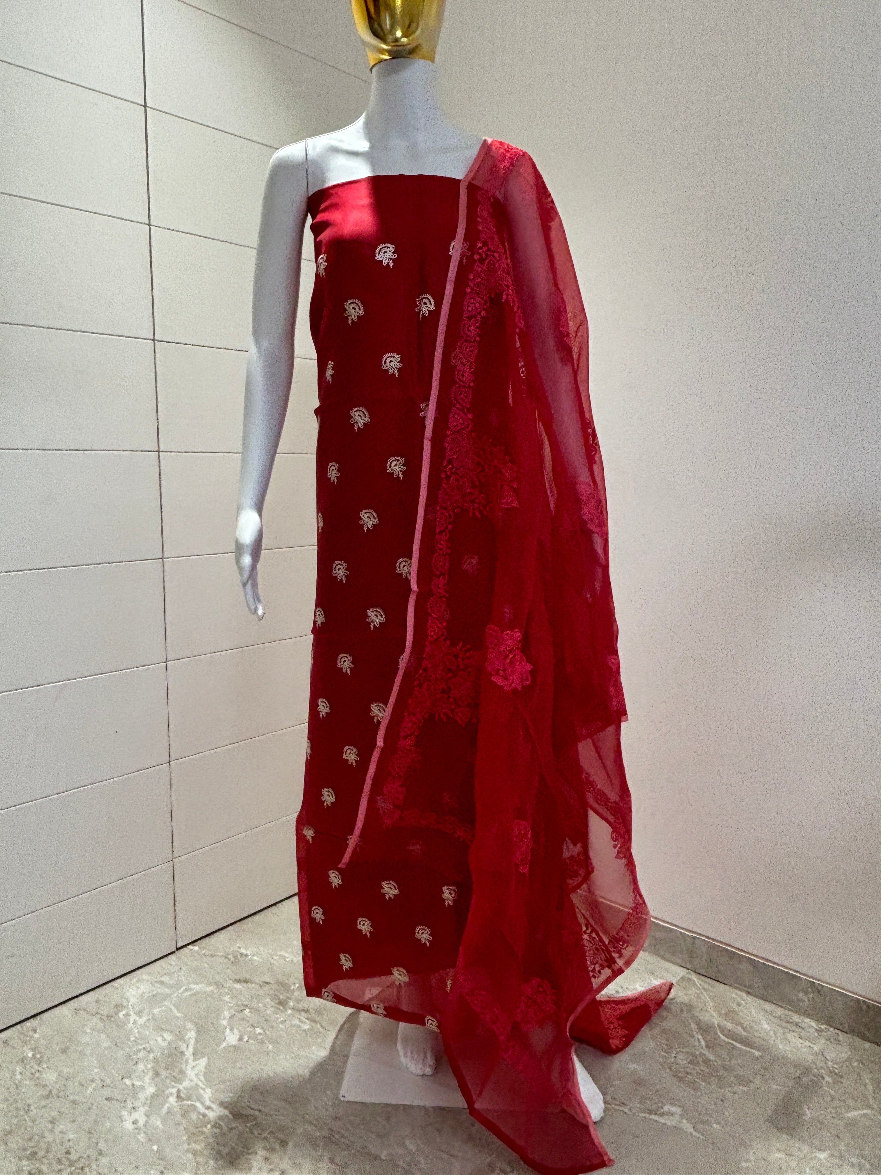 Chandrika Red Pure Organza Silk Suit Material with Embroidery Butti and Organza Dupatta – Festive Wear