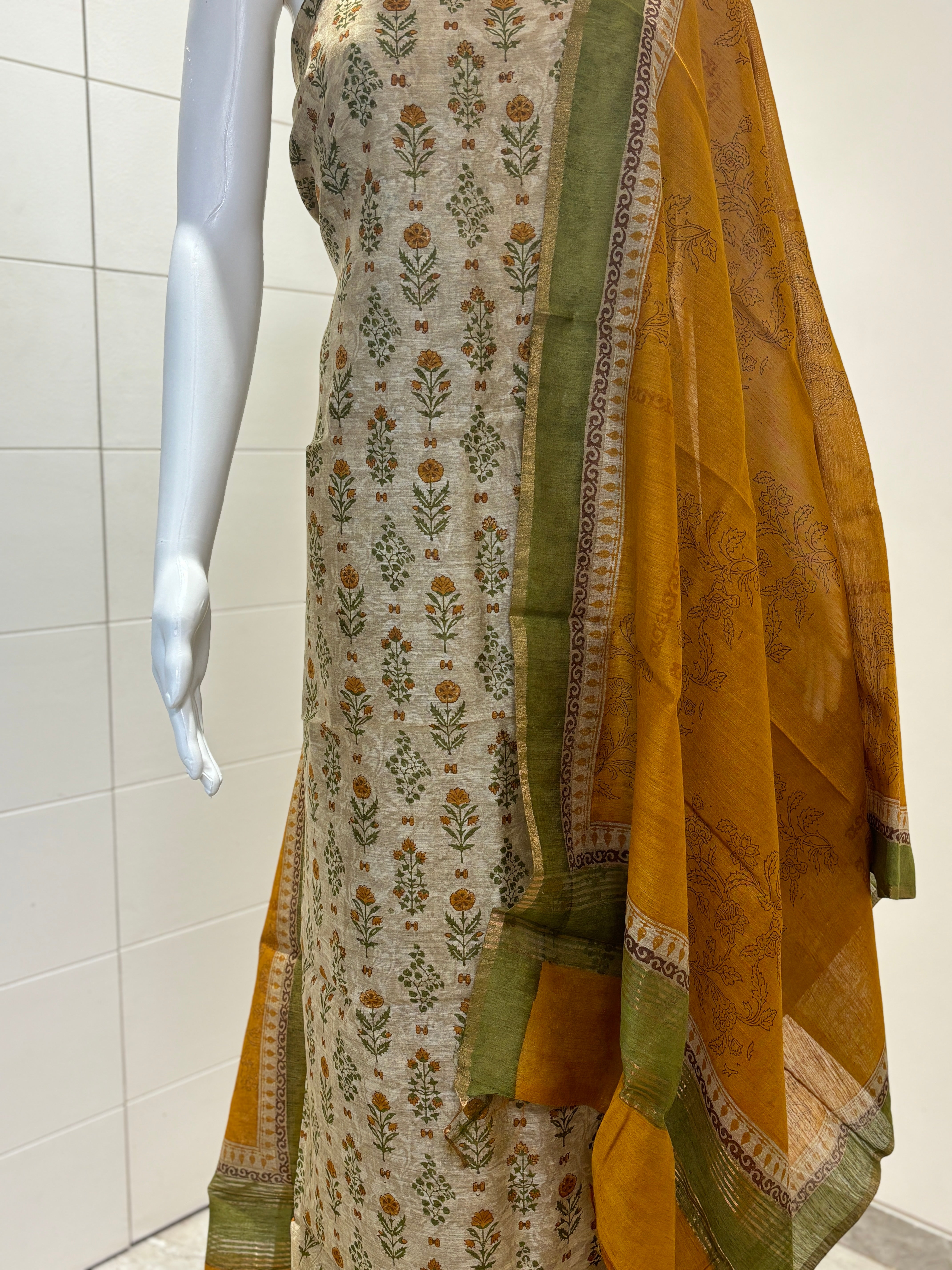 Pure Tussar Silk Suit Material with Contrast Silk Digital Printed Dupatta