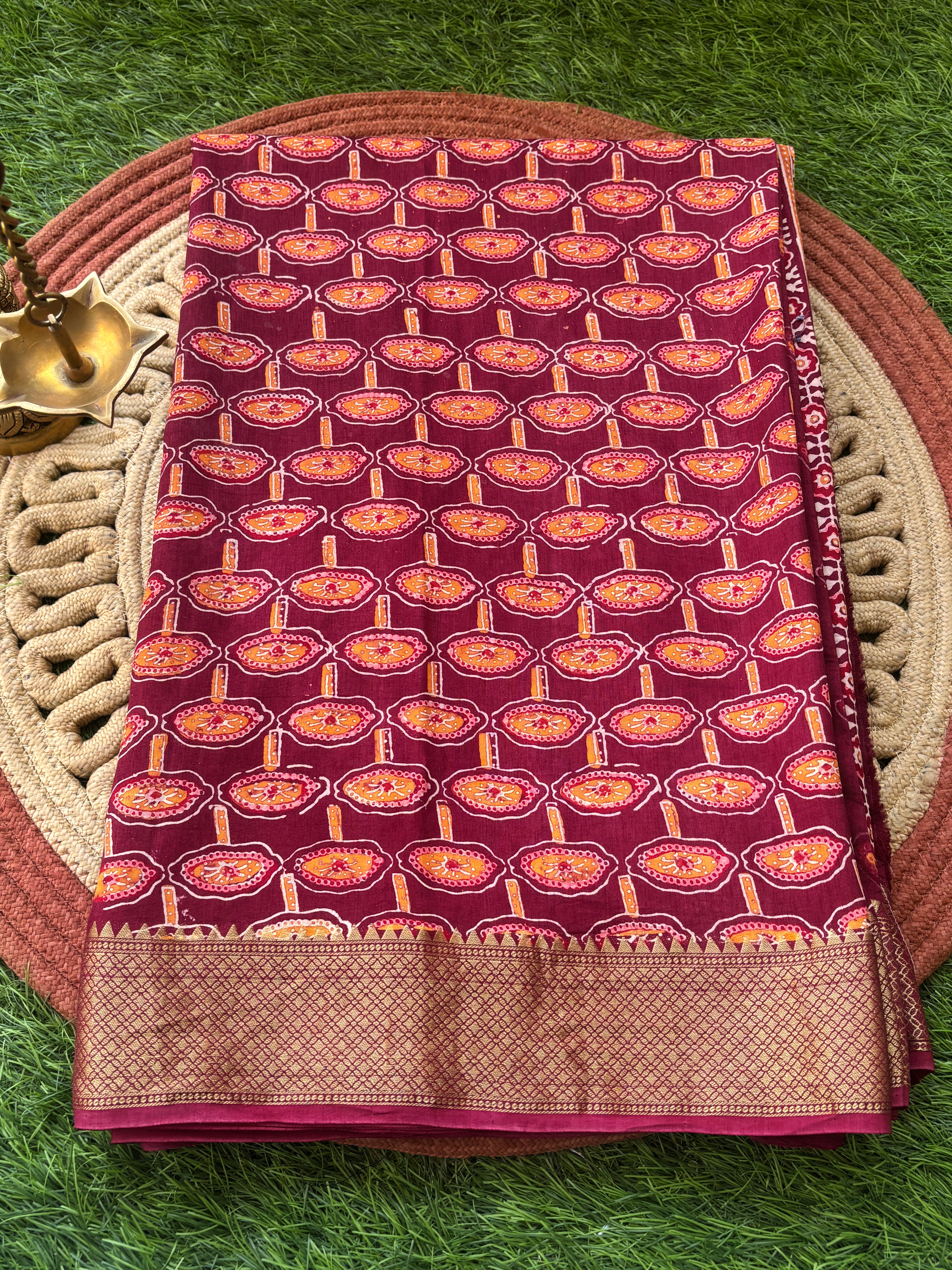 Maroon Ajrak Handblock Printed Cotton Saree with Zari Border | Chandrika Lifestyles