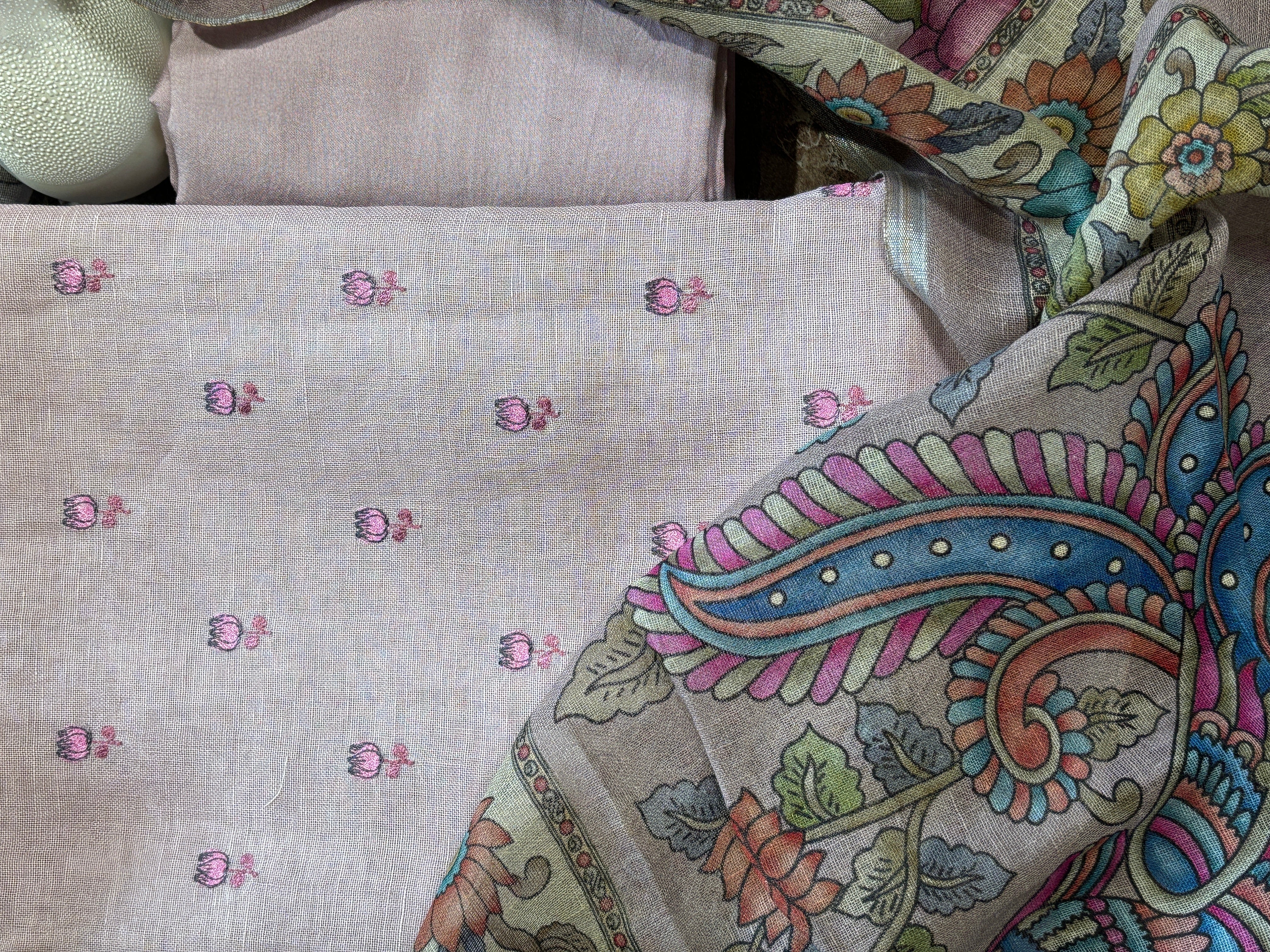 Chandrika Lifestyles | Onion Pink Linen Suit – Lotus Embroidery