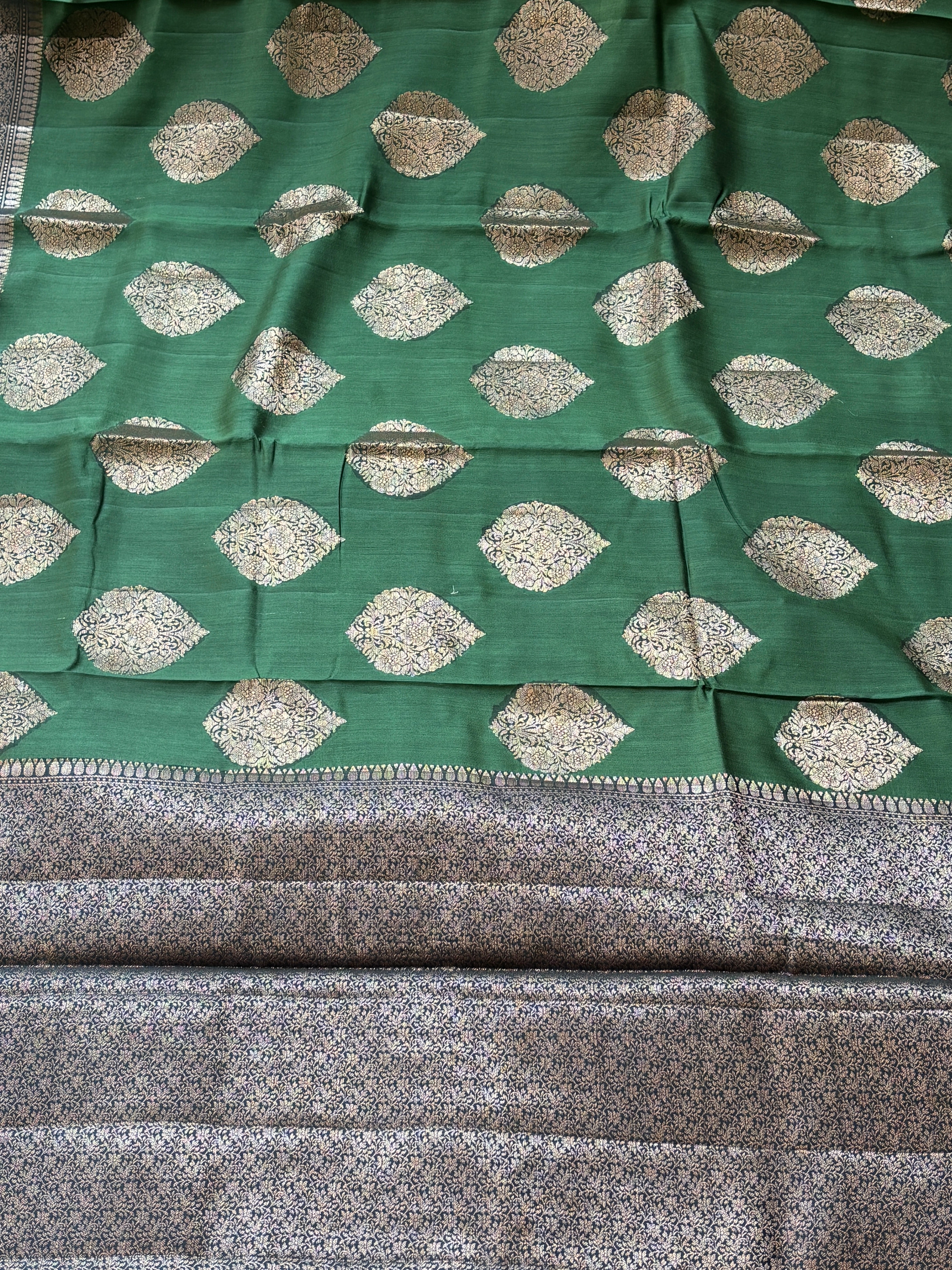 Pure Tussar Silk Bright Bottle Green Saree with Black Zari Woven Border and Brocade Blouse