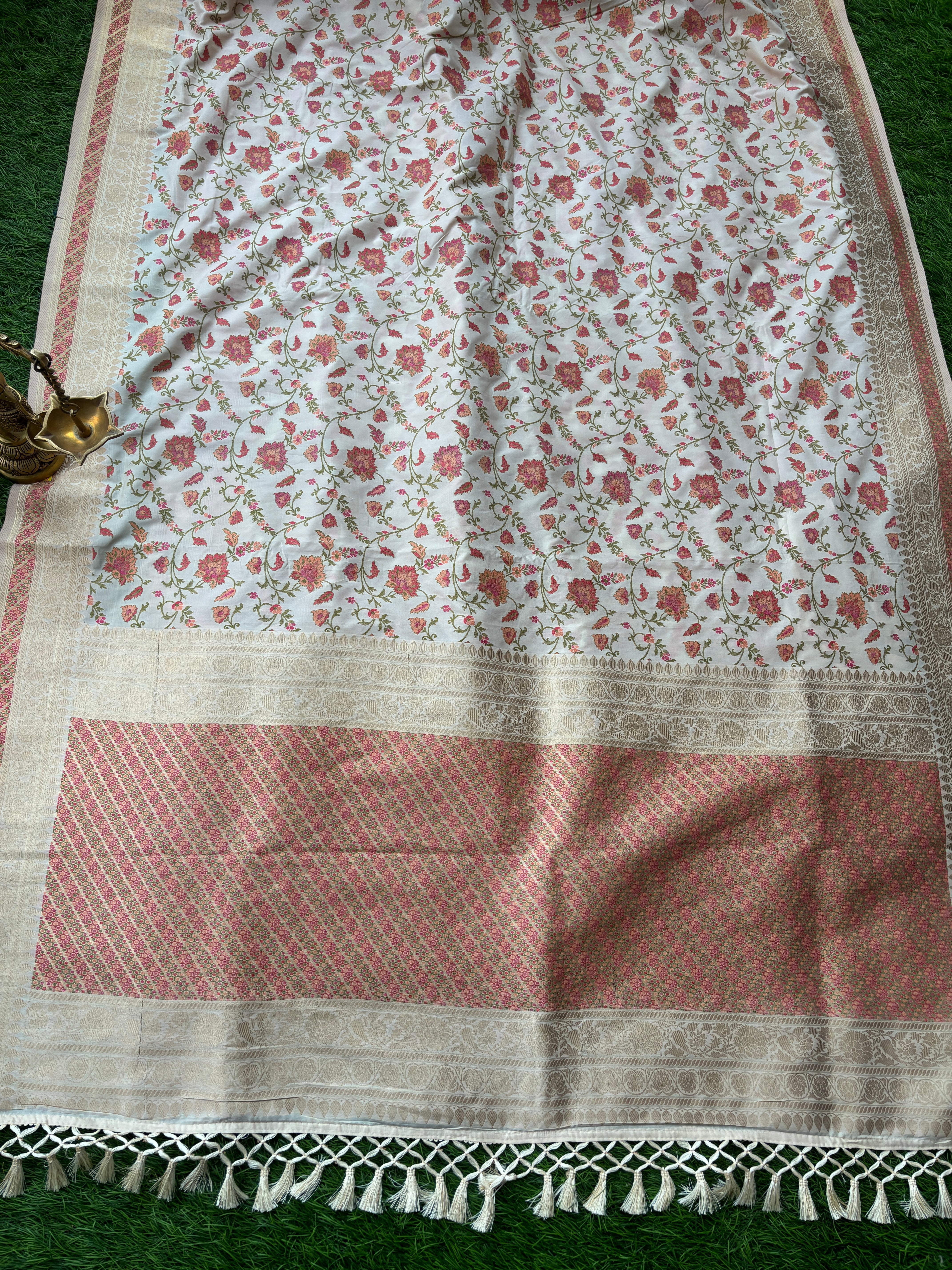 Off-White Banarasi Art Silk Saree with Allover Jaal Weaving | Chandrika Lifestyles