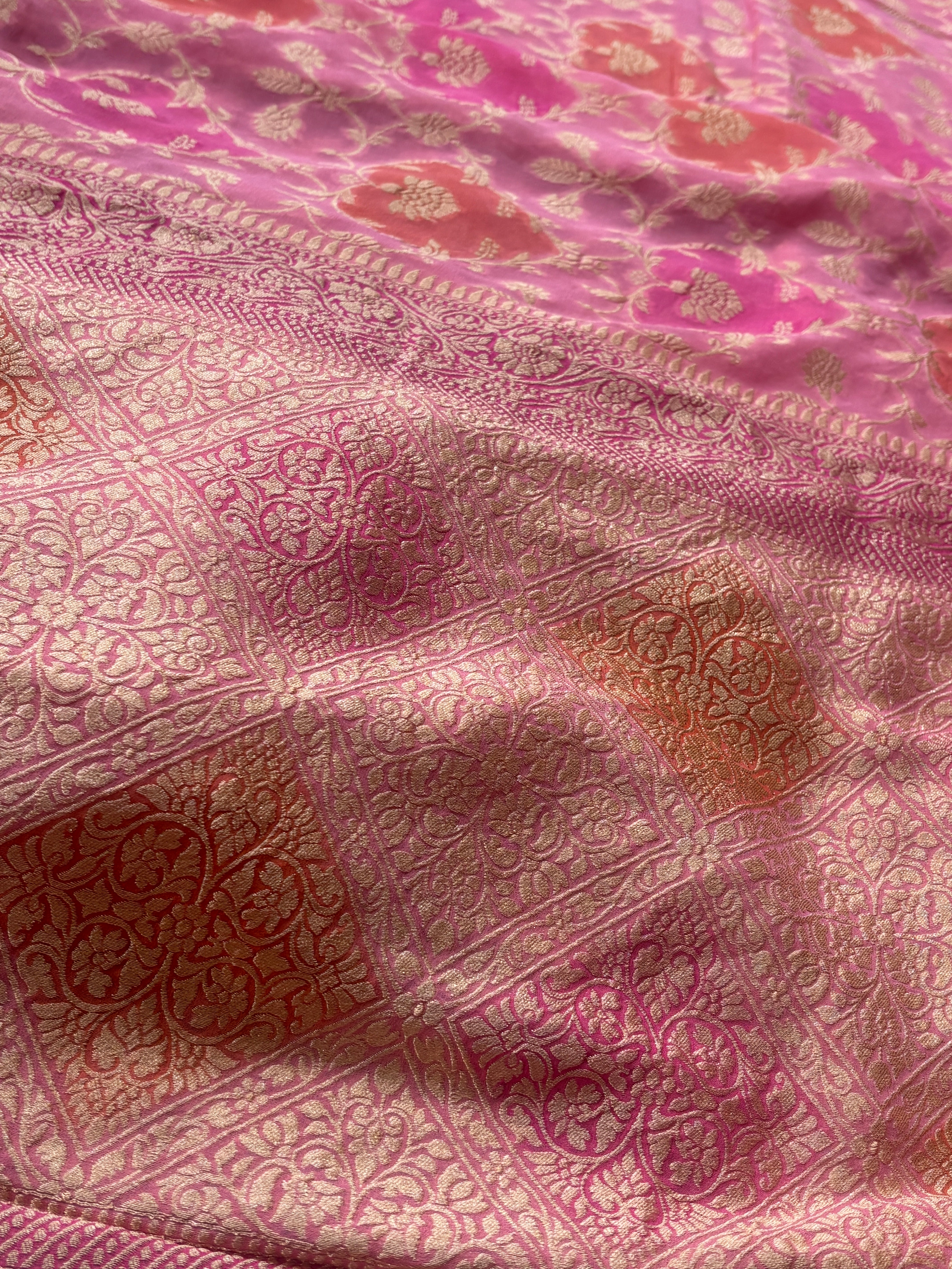 Pink, Orange & Peach Multicolour Khaddi Georgette Banarasi Saree with Allover Jaal | Chandrika Lifestyles