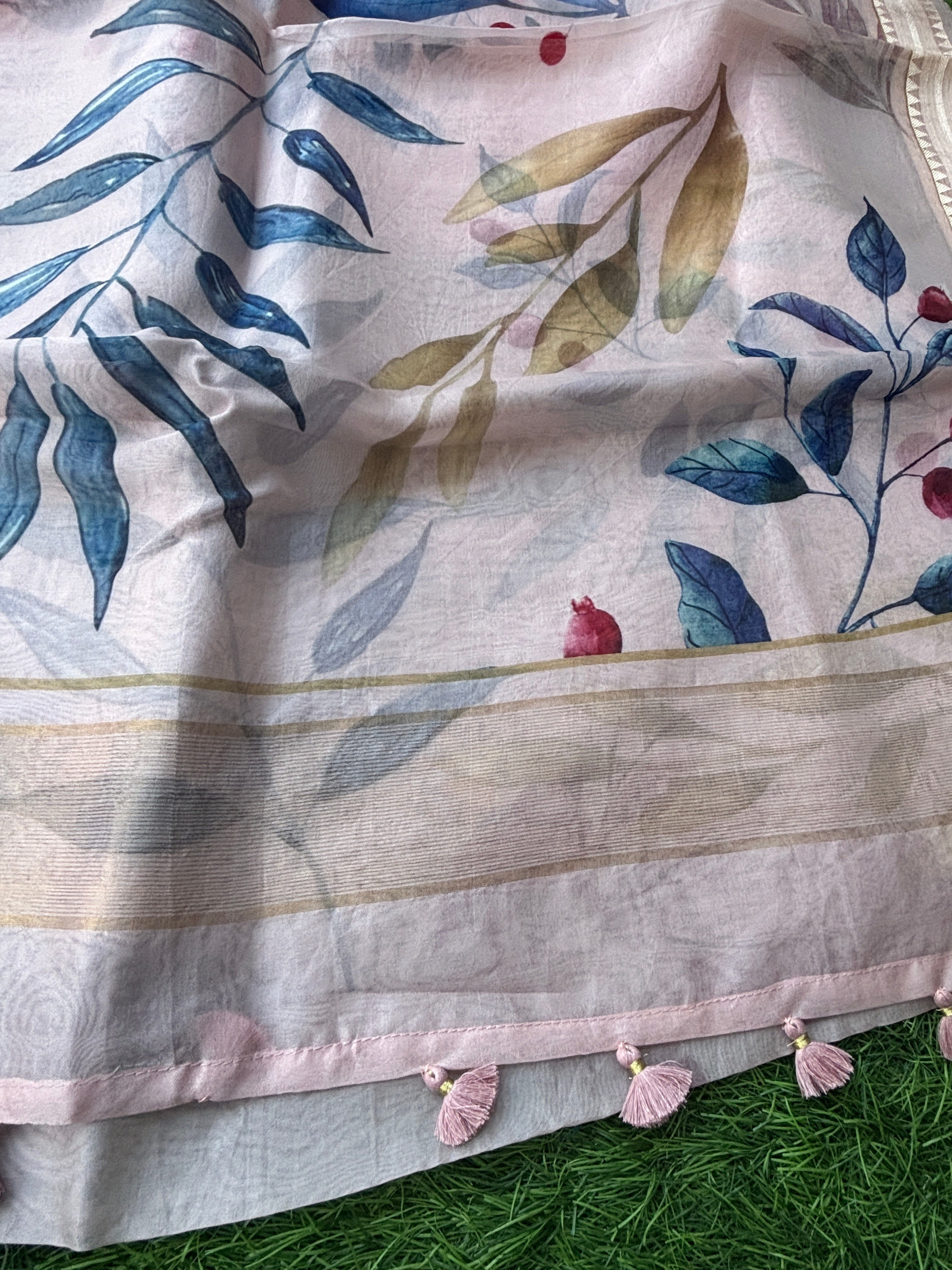 Baby Pink Pure Organza Digital Printed Saree with Readymade Blouse