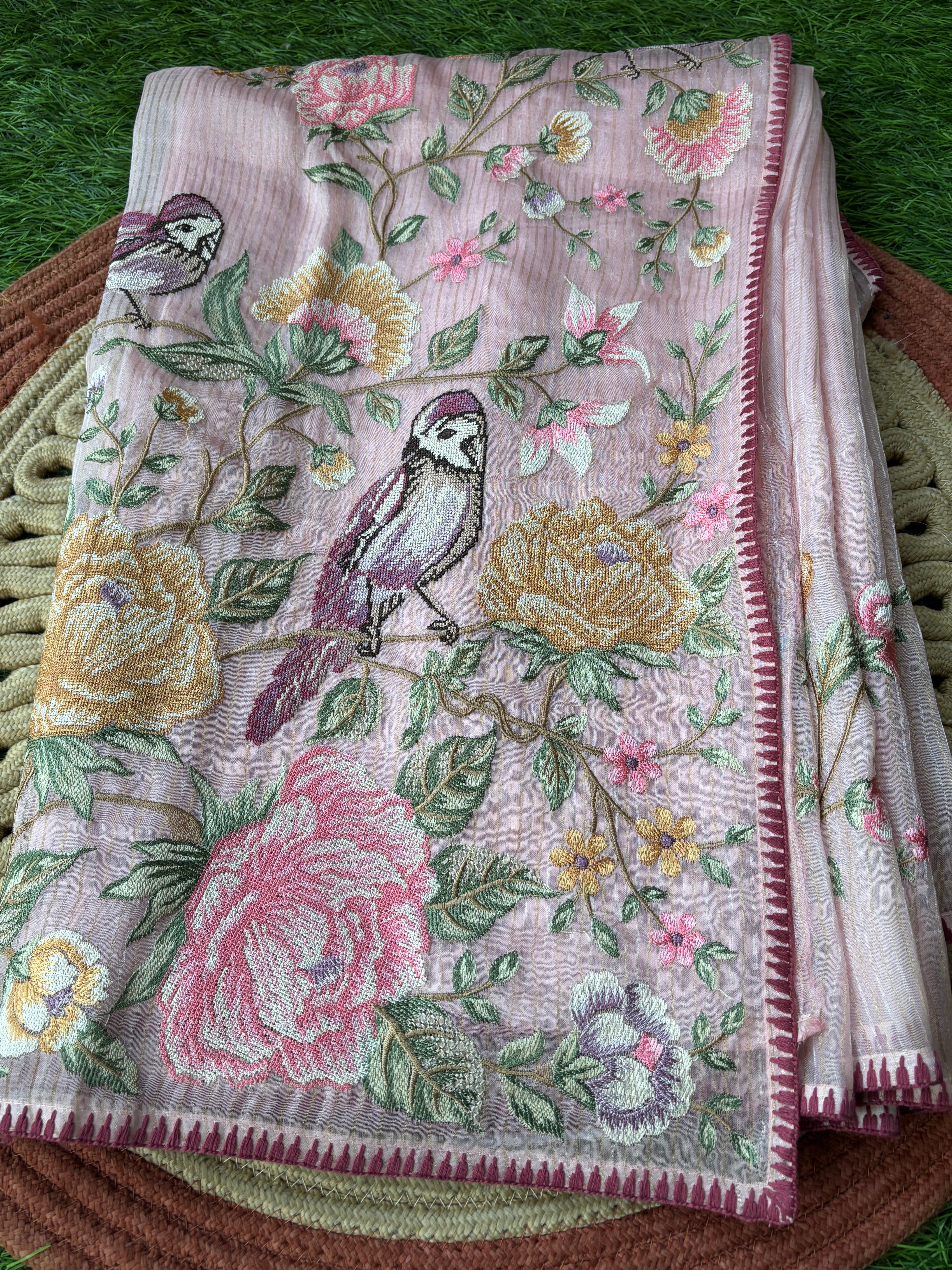 Baby Pink Pure Organza Saree with Floral & Bird Embroidery