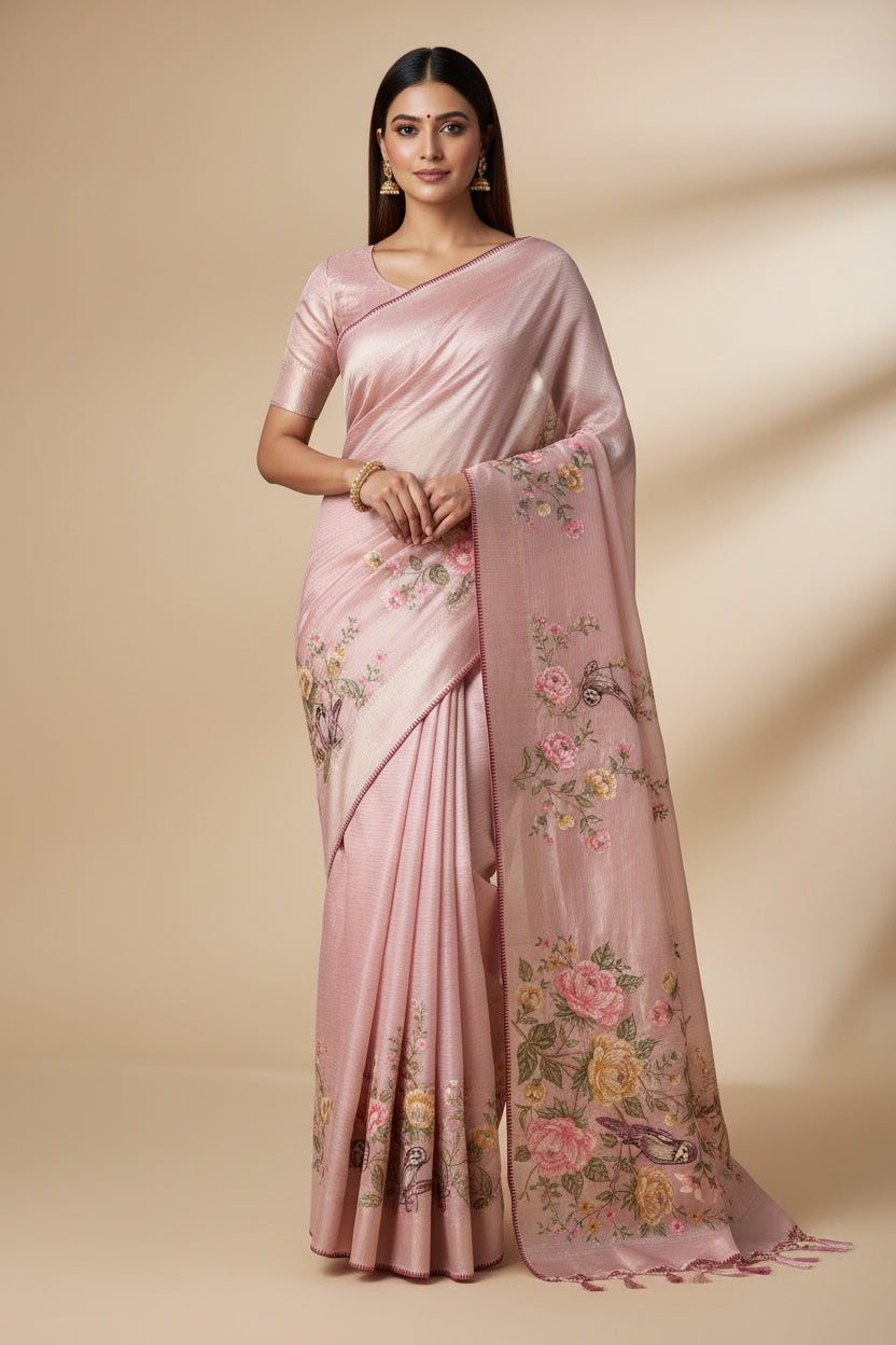 Baby Pink Pure Organza Saree with Floral & Bird Embroidery