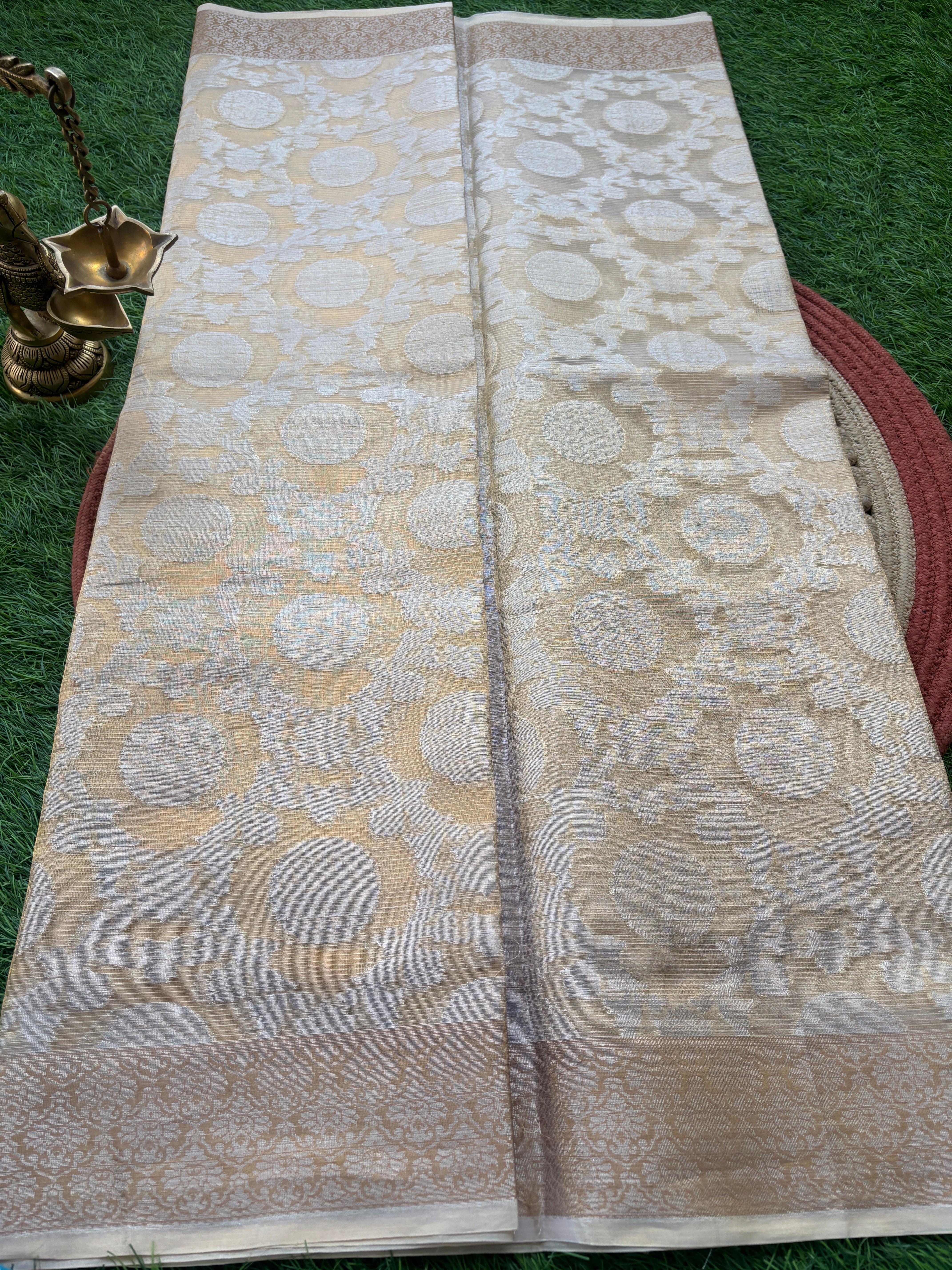 Beige Pure Banarasi Cotton Saree with Allover Jaal Silver Zari Work | Chandrika Lifestyles