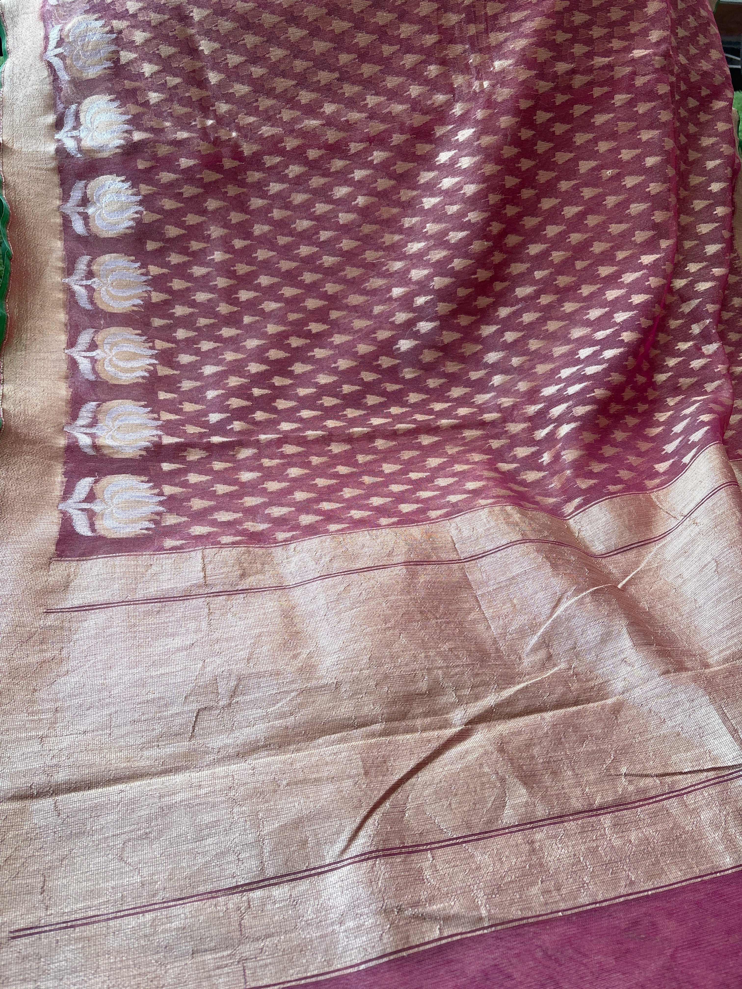 Onion Pink Tissue Kora Net Saree with Lotus Zari Border & Tree Weaving | Chandrika Lifestyles