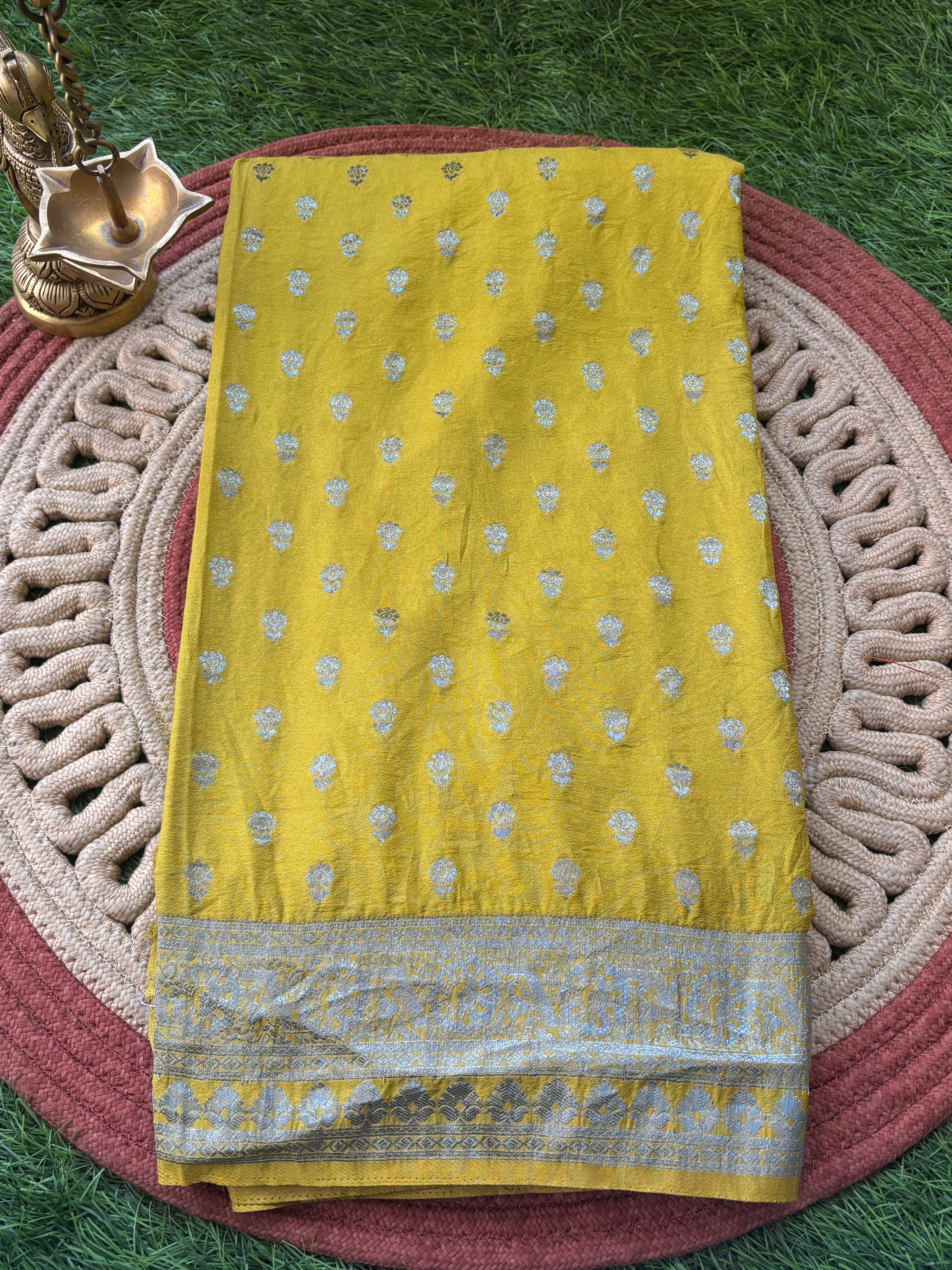 Lemon Yellow Art Silk Saree with Silver Zari Butta & Zari Pallu | Chandrika Lifestyles