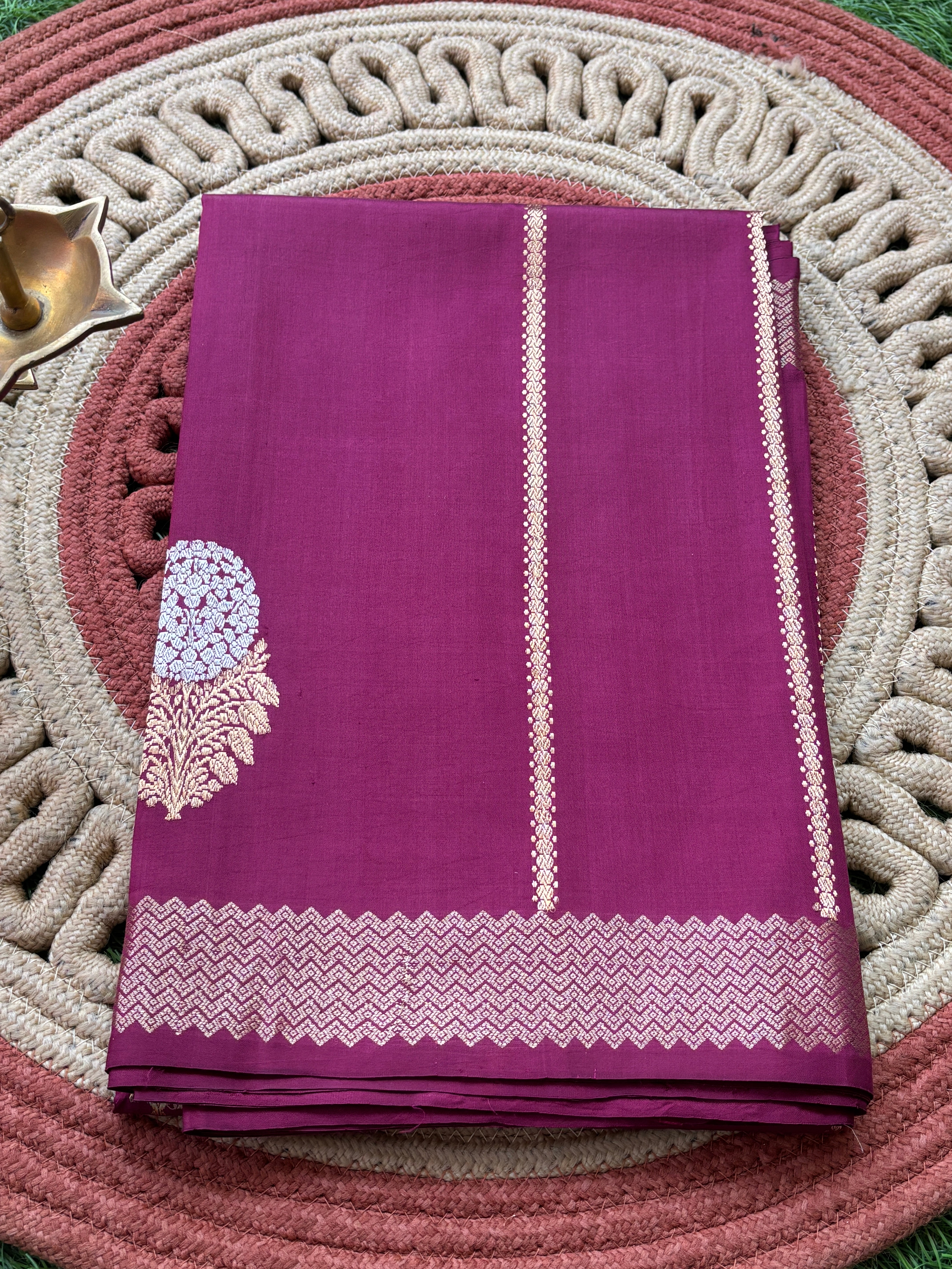 Wine Color Pure Silk Banarasi Saree with Allover Sona Rupa Zari Buttas | Chandrika Lifestyles