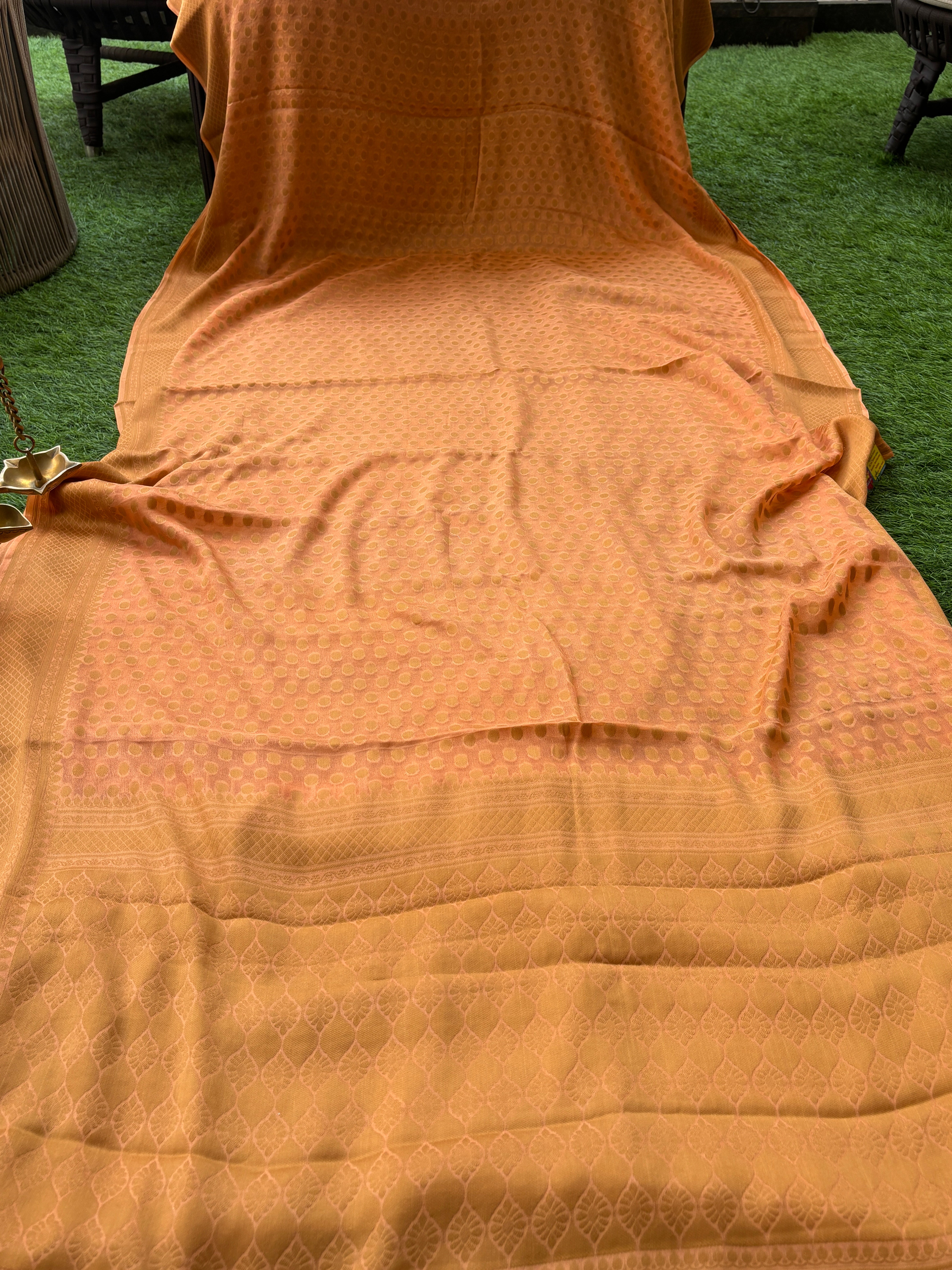 Peach Banarasi Pure khaddi Chiffon Saree with Resham Weaving Border and Buttas