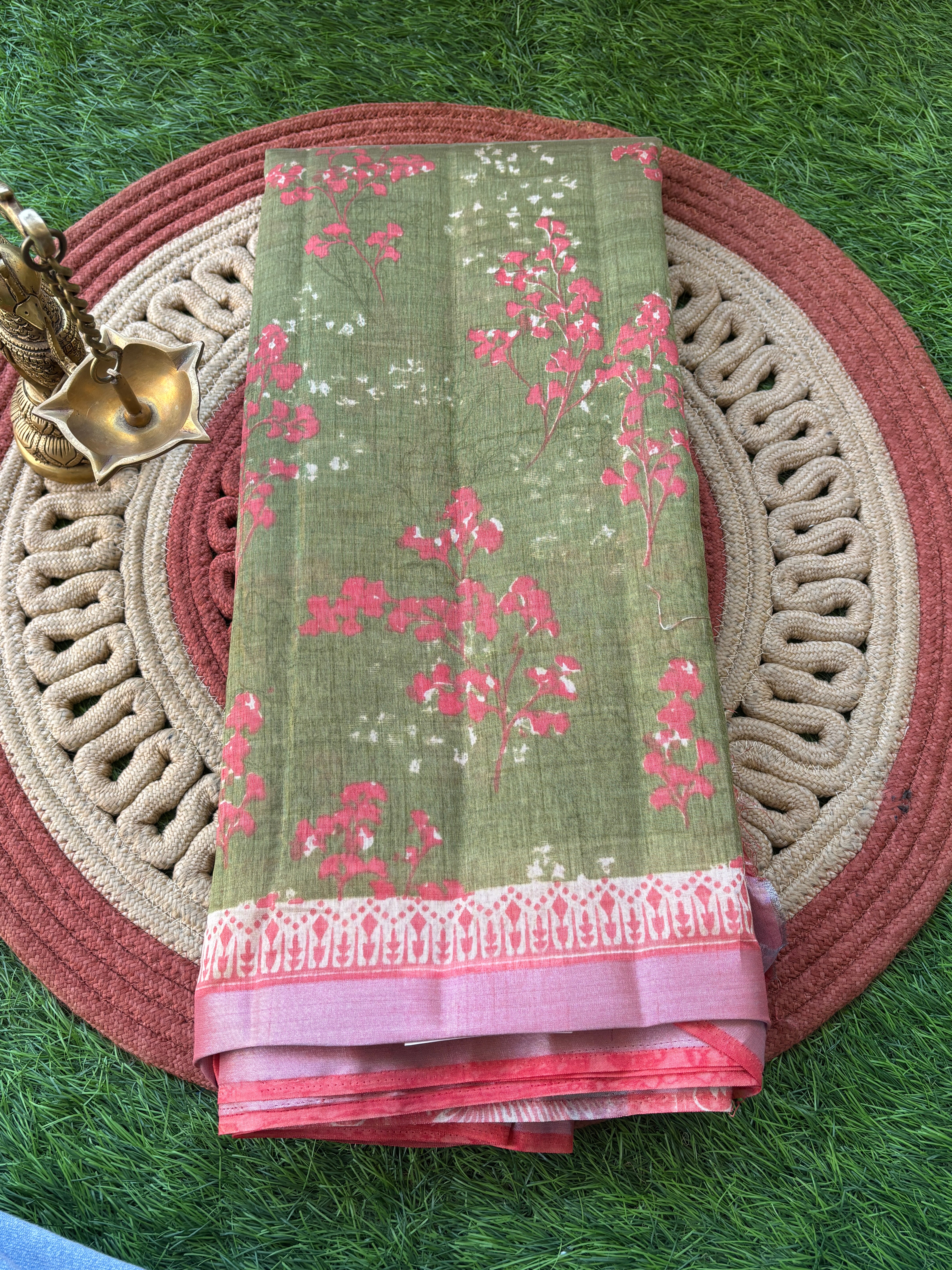 Olive Green Mercerized Cotton Saree with Allover Digital Print | Chandrika Lifestyles