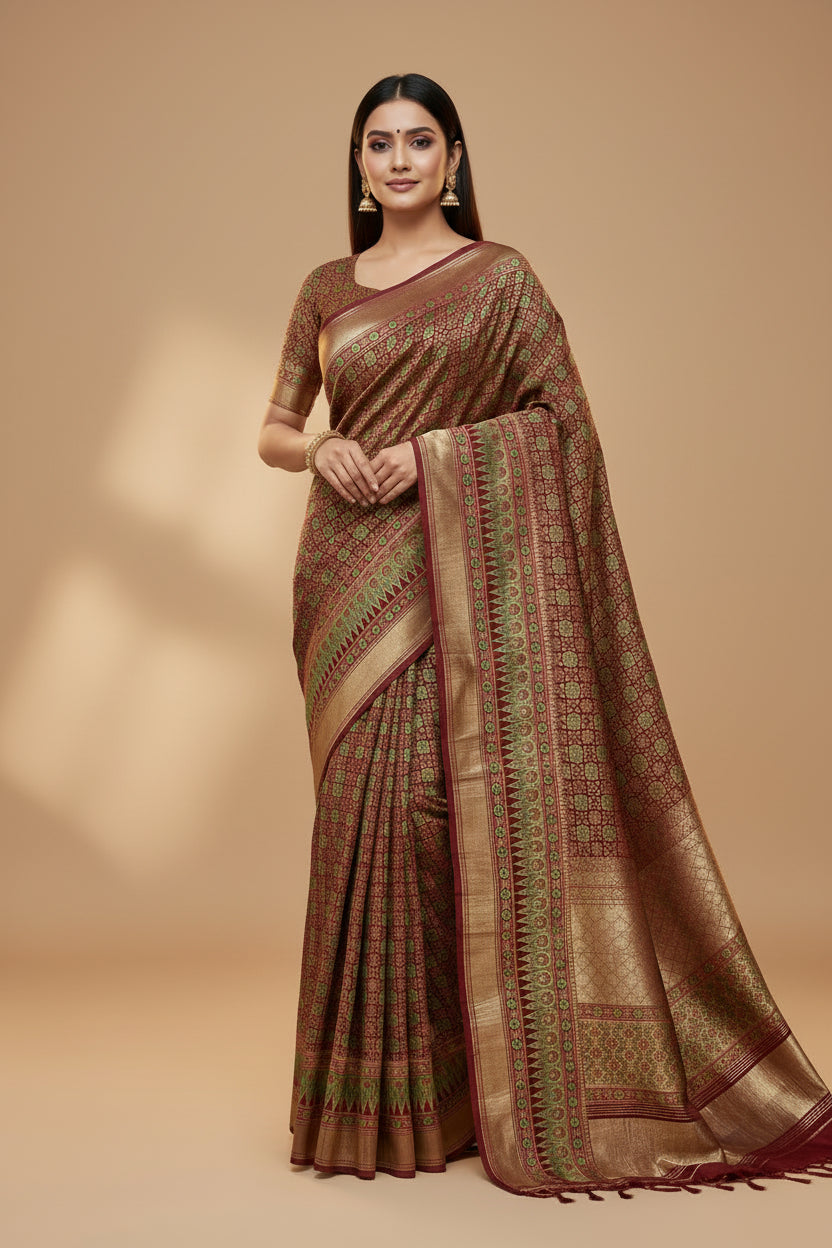 Maroon saree Pure Modal Silk Ajrak Hand Block Printed Saree with Lugdi Patta in Red & yellow