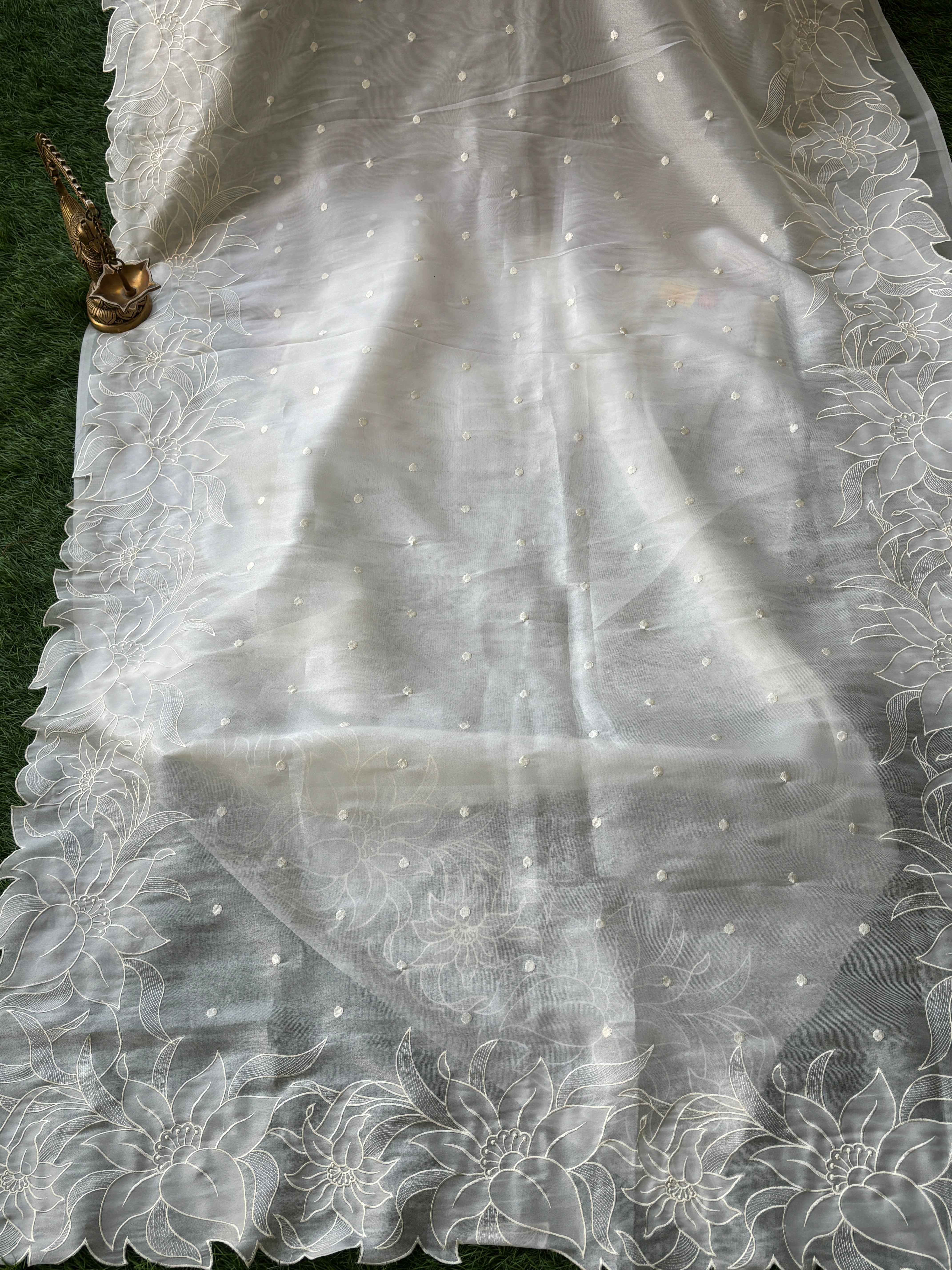 Pure Organza Saree in Off White with Elegant Cutwork Border