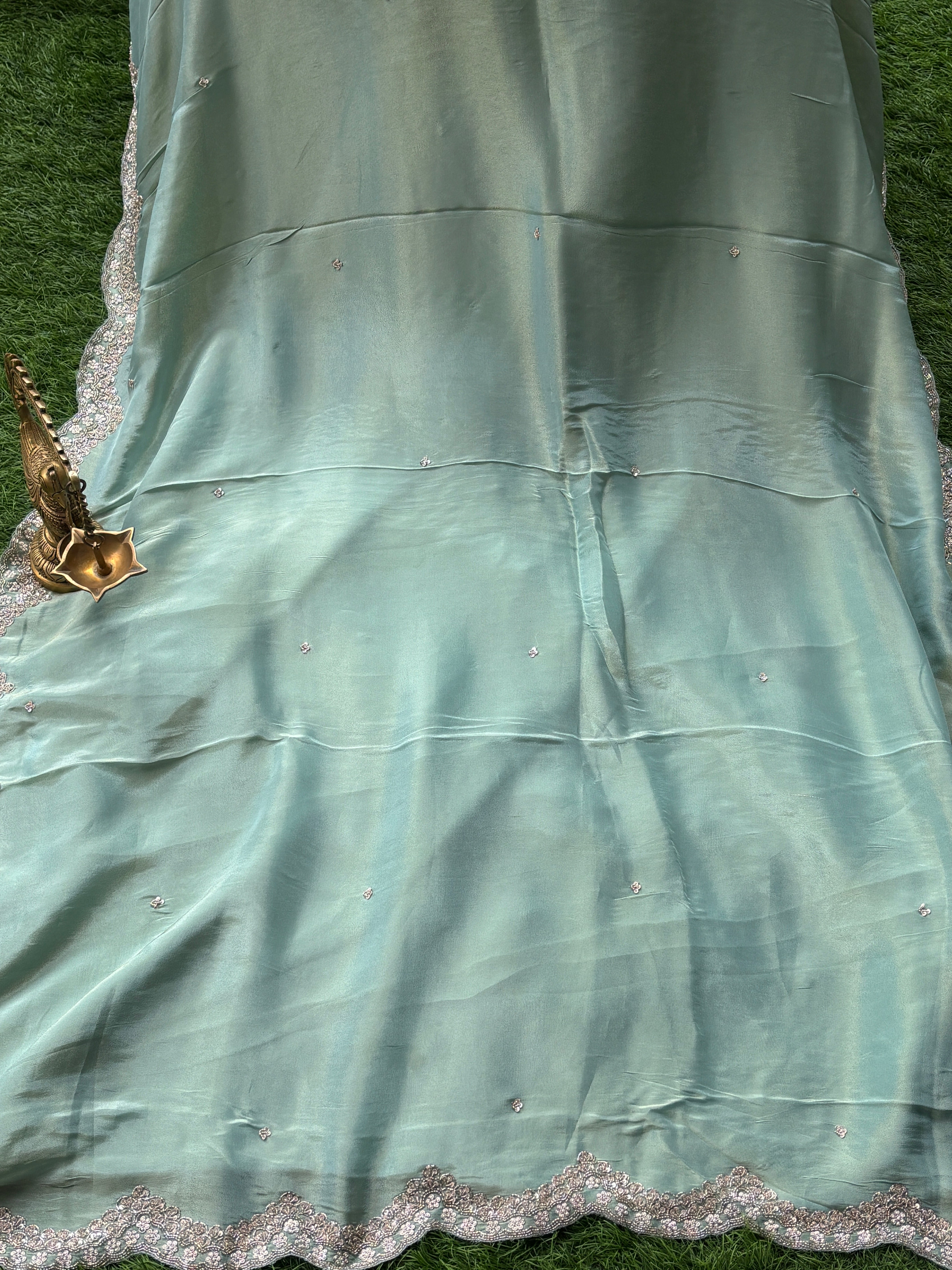 Luxury Mint Pure Tissue Crepe Silk Saree with Zardozi Buttas & Designer Scallop Border
