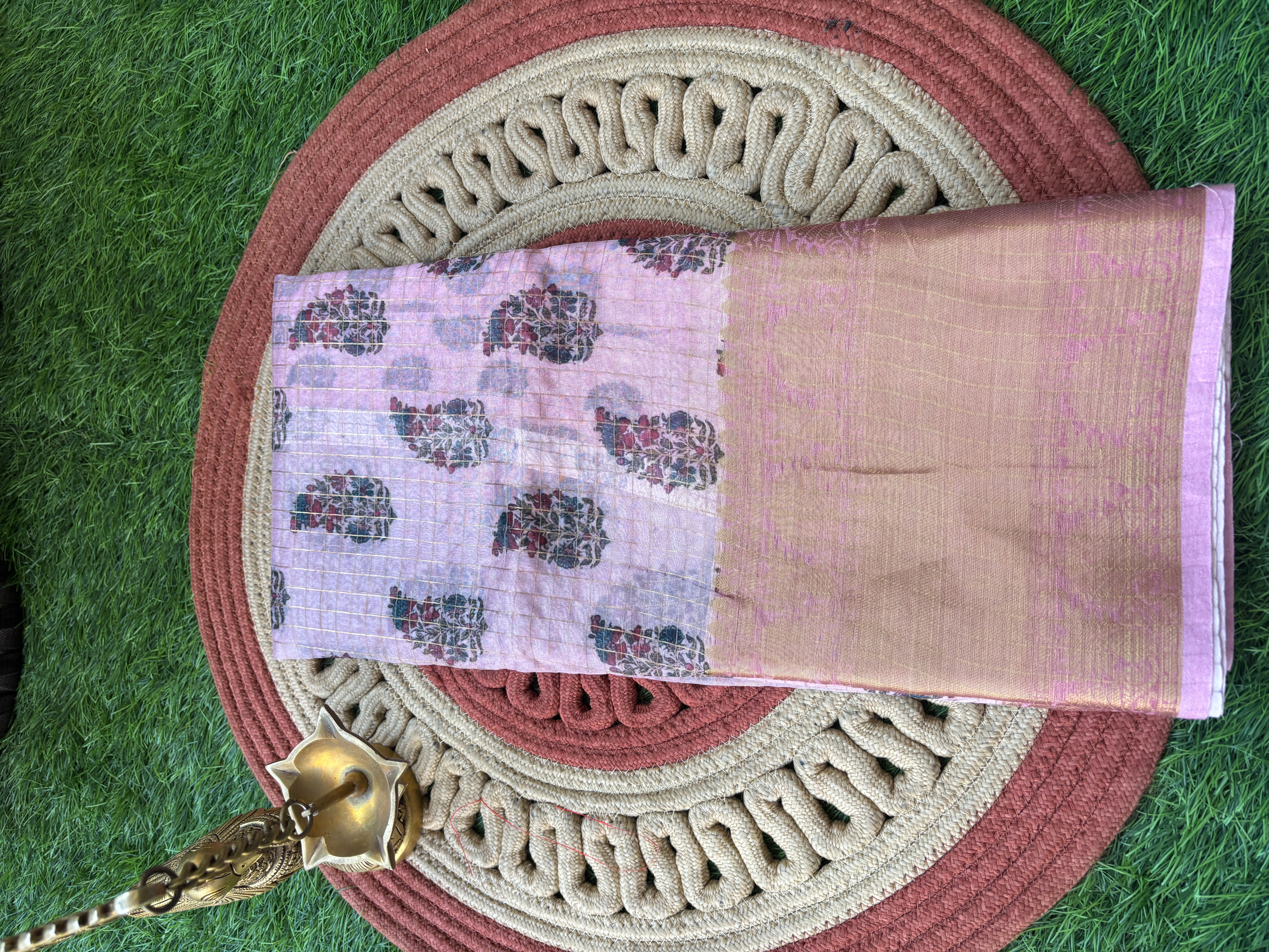Baby Pink Pure Organza Saree with Zari Checks, Digital Print & Zari Border | Chandrika Lifestyles