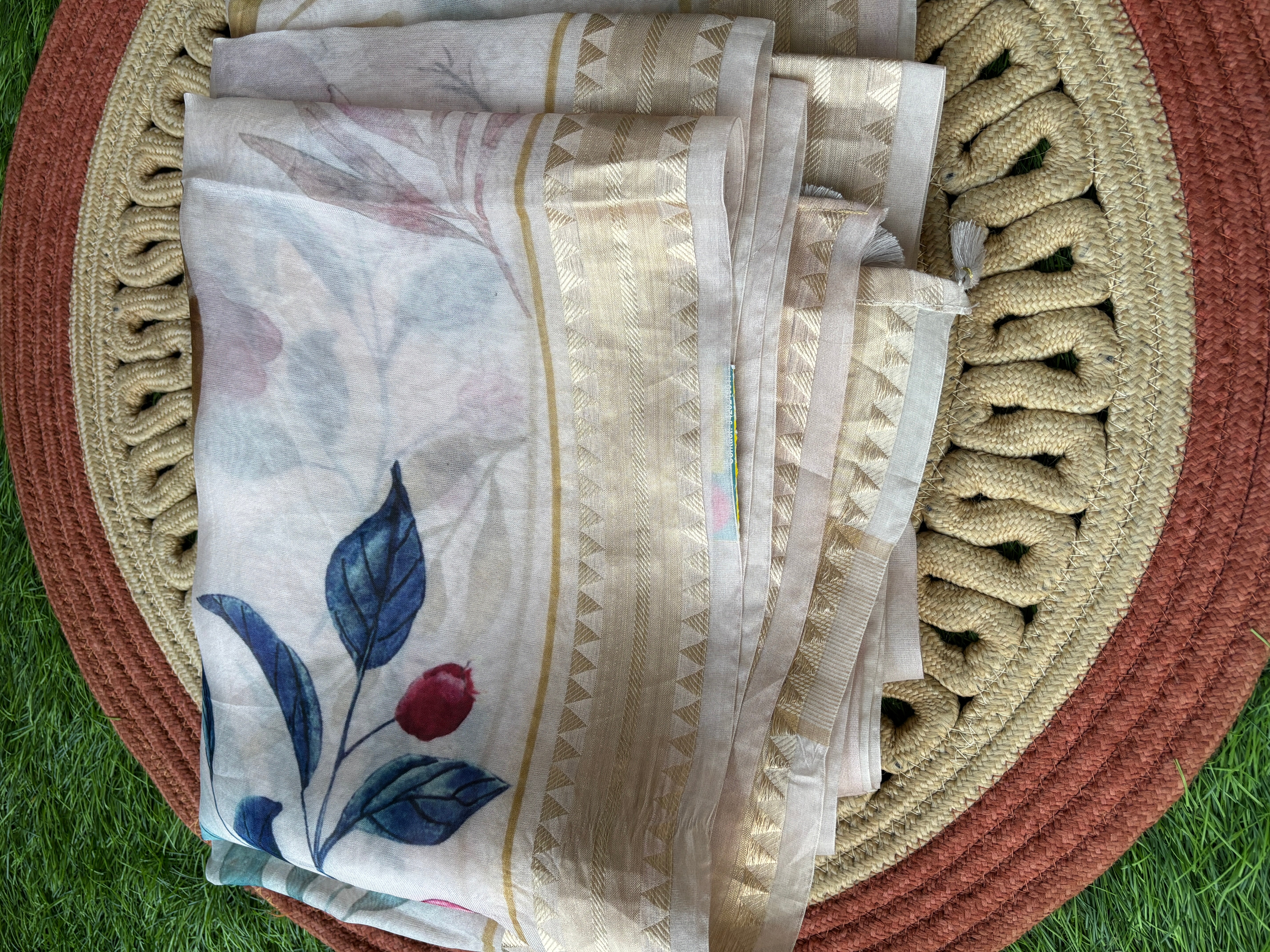 White Pure Organza Digital Printed Saree with Readymade Blouse