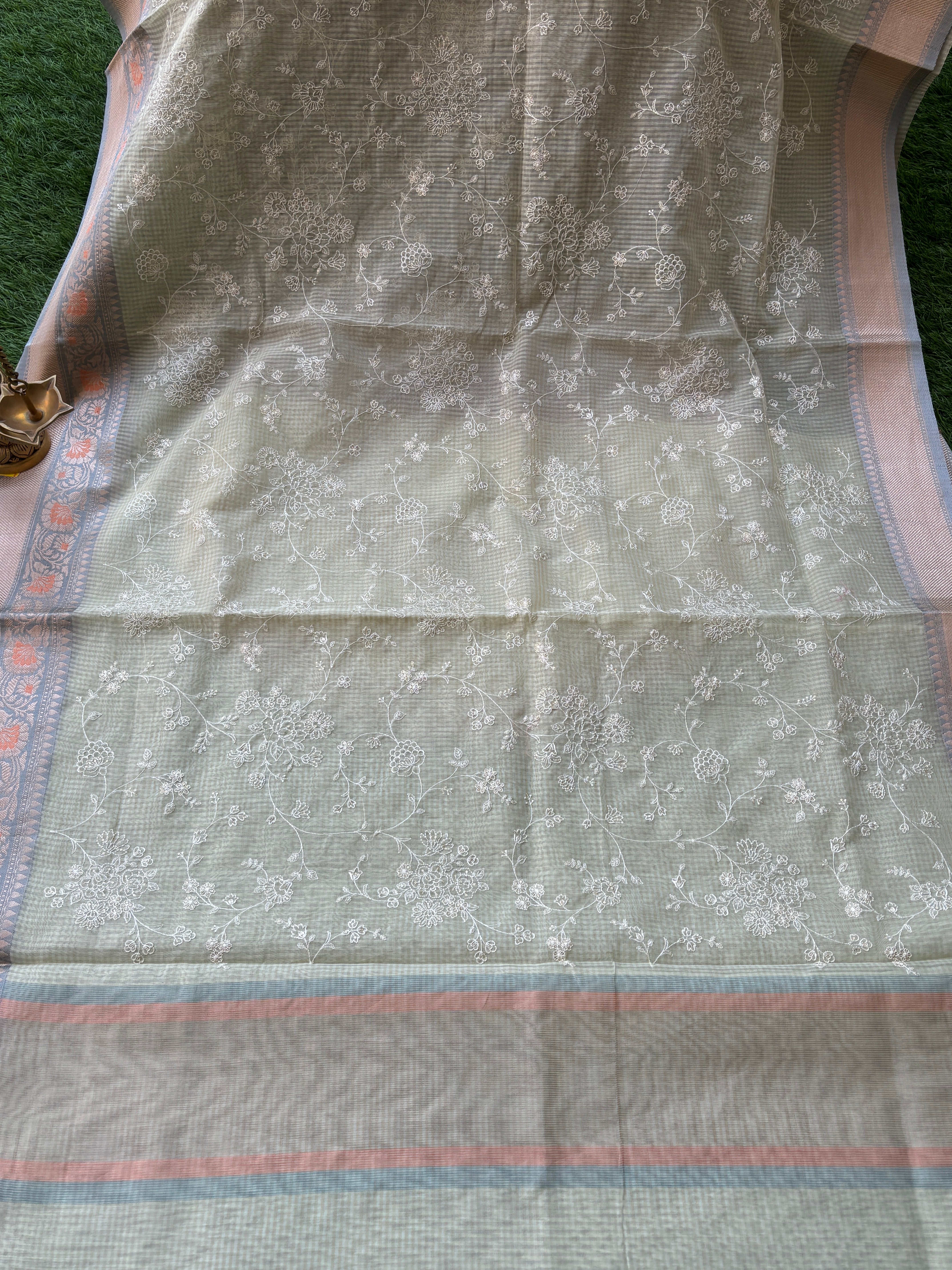 Pastel Pista Green Banarasi Mercerised Cotton Saree with Thread Embroidery & Resham Border