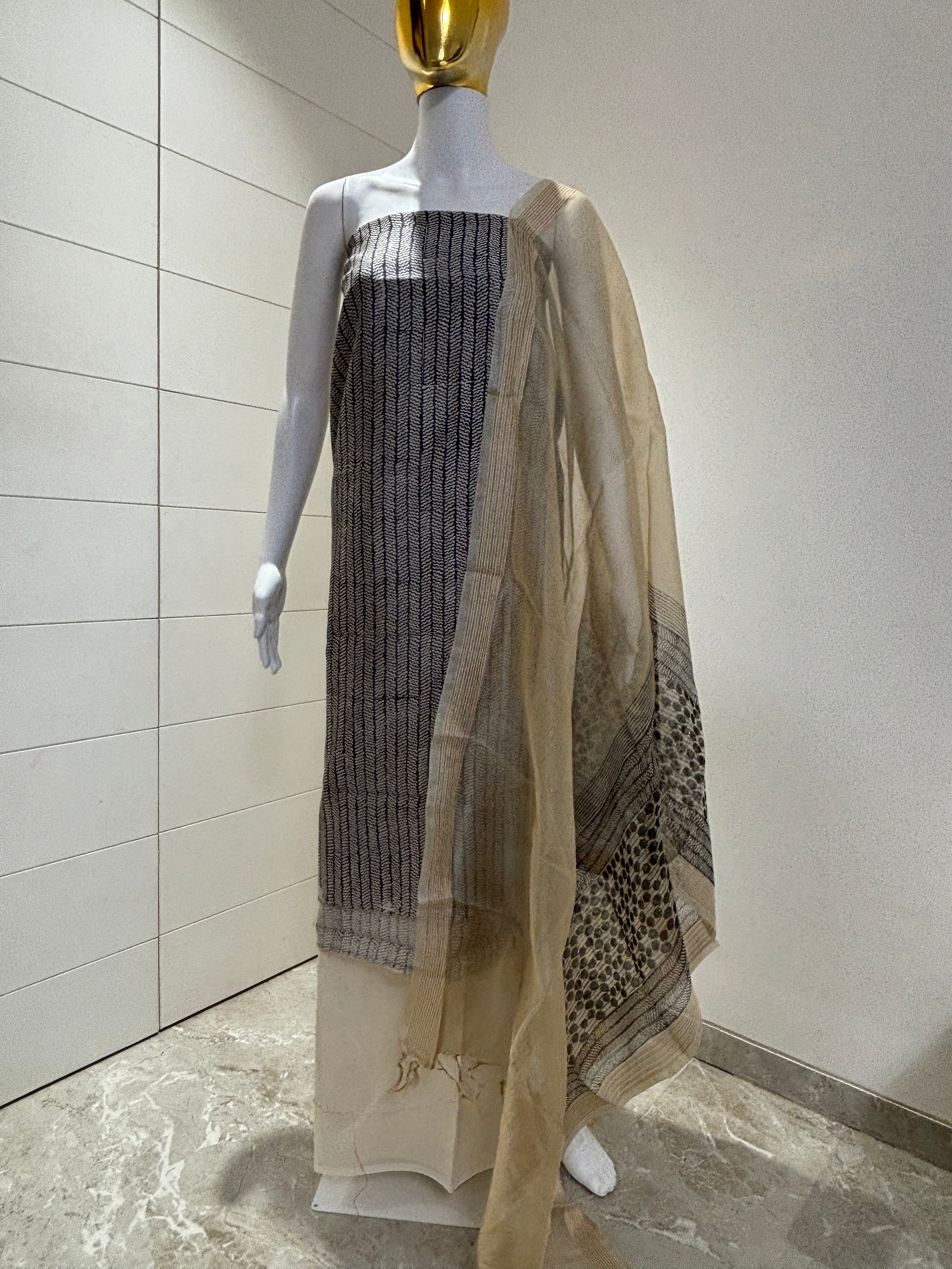 Pure Organza Black and off white Suit Material with Off-White digital Dupatta