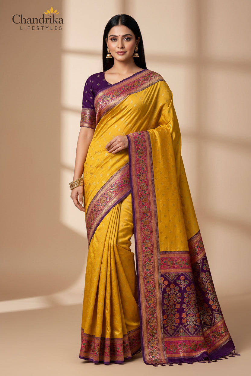 Woman wearing a yellow saree with a purple border against a beige background